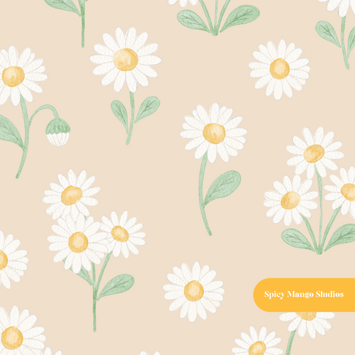 Beige Whimsical Watercolor Daisy Floral Seamless Pattern