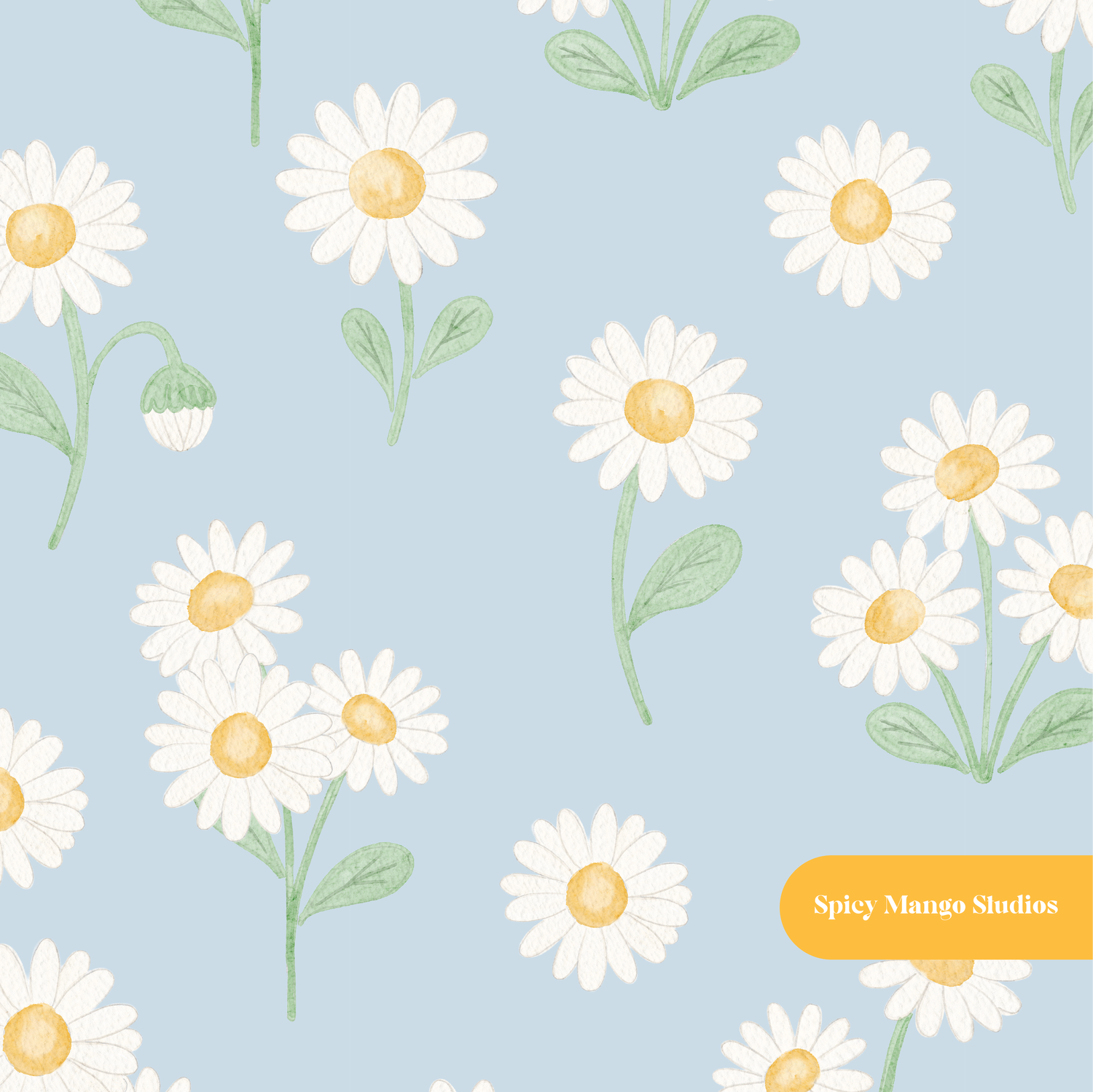 Cloud Blue Whimsical Watercolor Daisy Floral Seamless Pattern