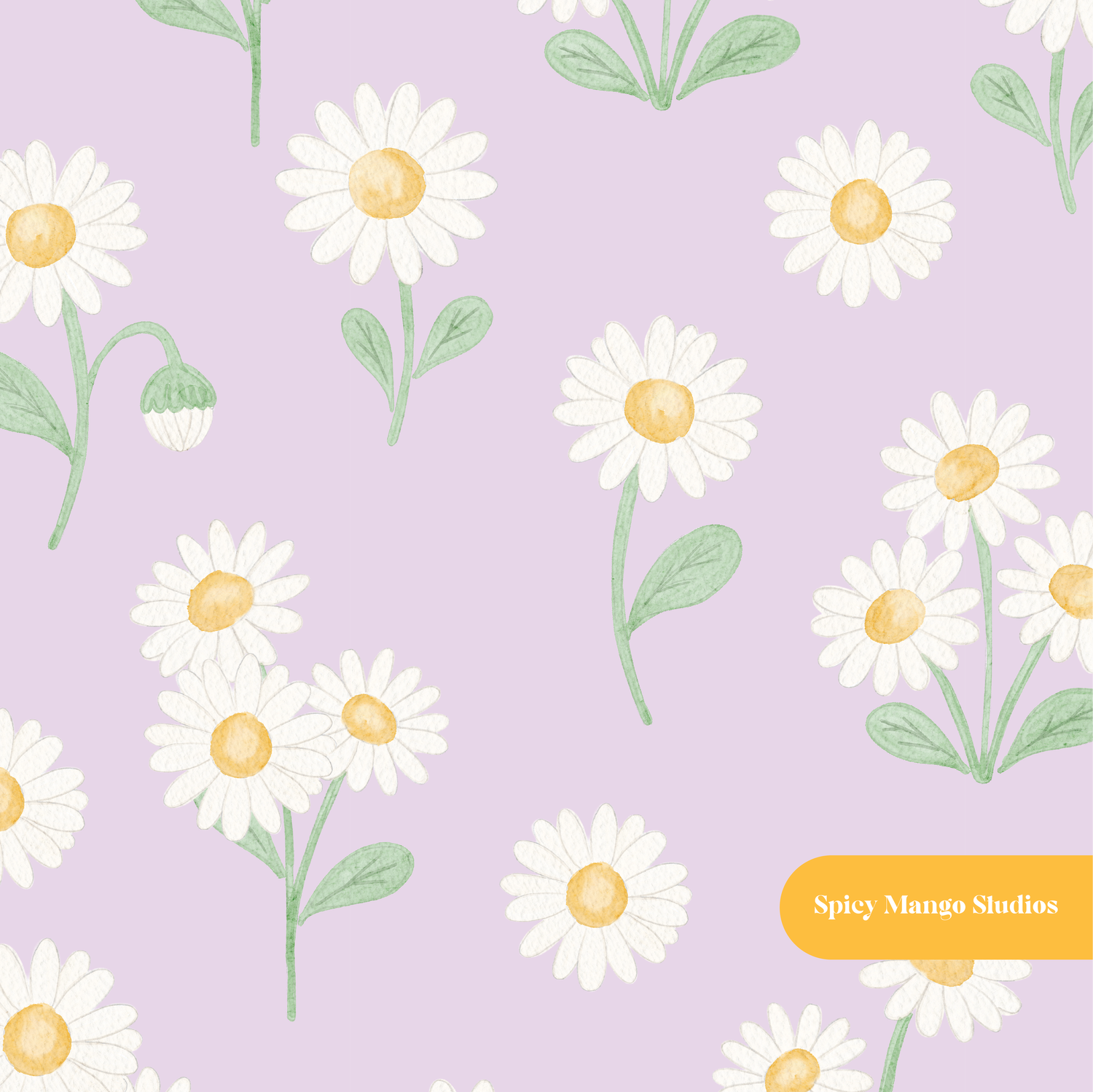 Lavender Whimsical Watercolor Daisy Floral Seamless Pattern