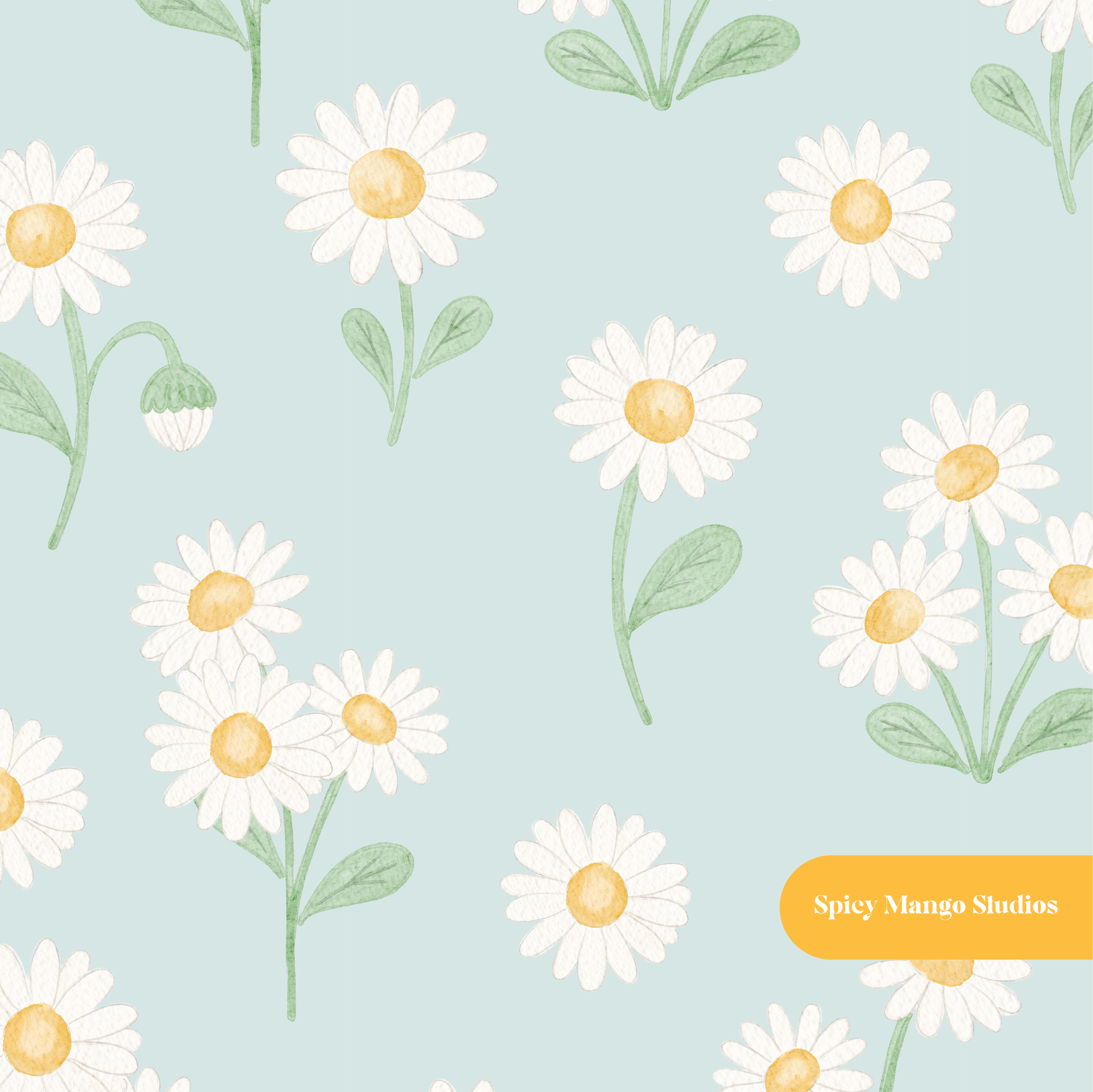 Mint Whimsical Watercolor Daisy Floral Seamless Pattern