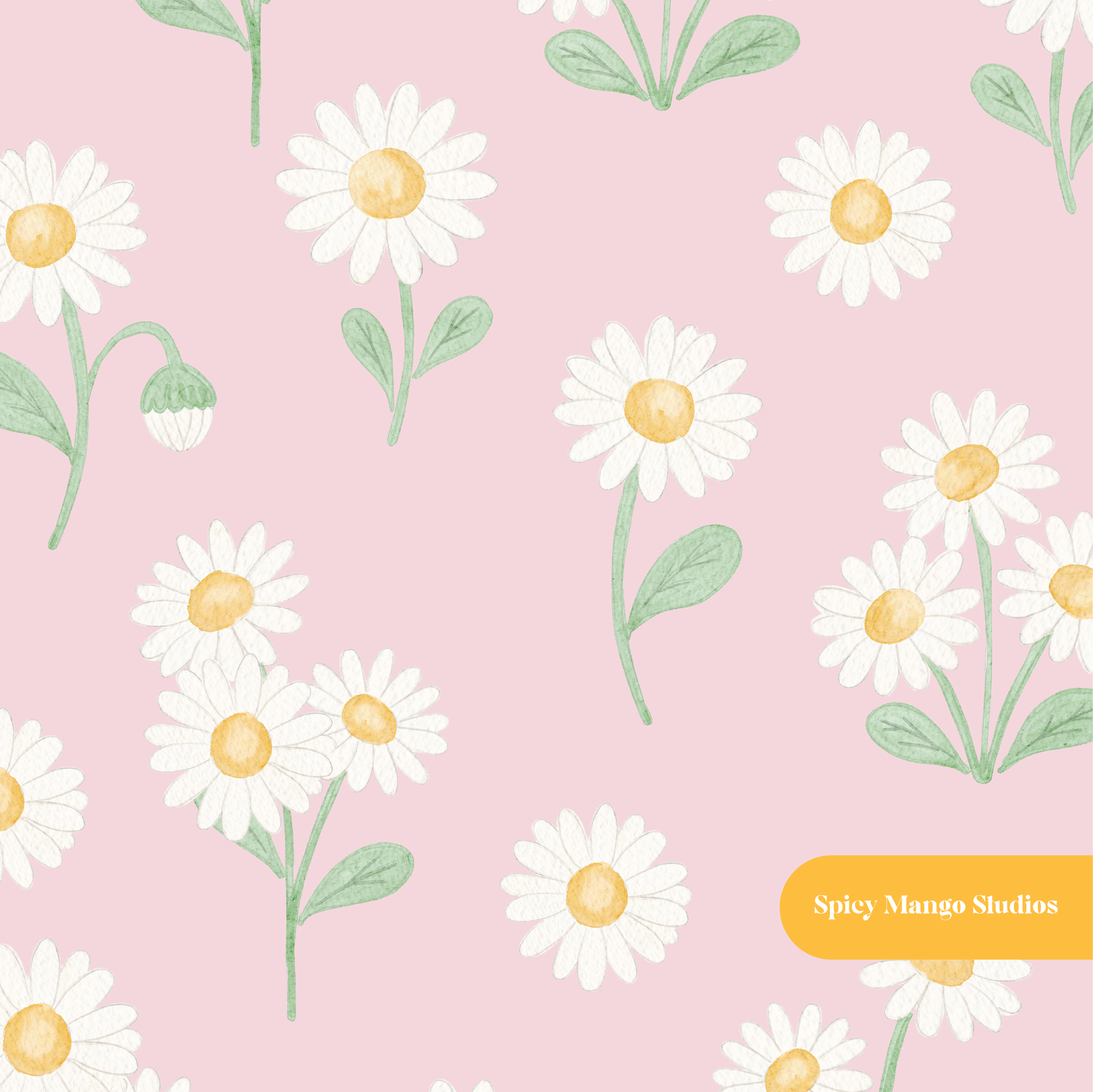 Pink Whimsical Watercolor Daisy Floral Seamless Pattern