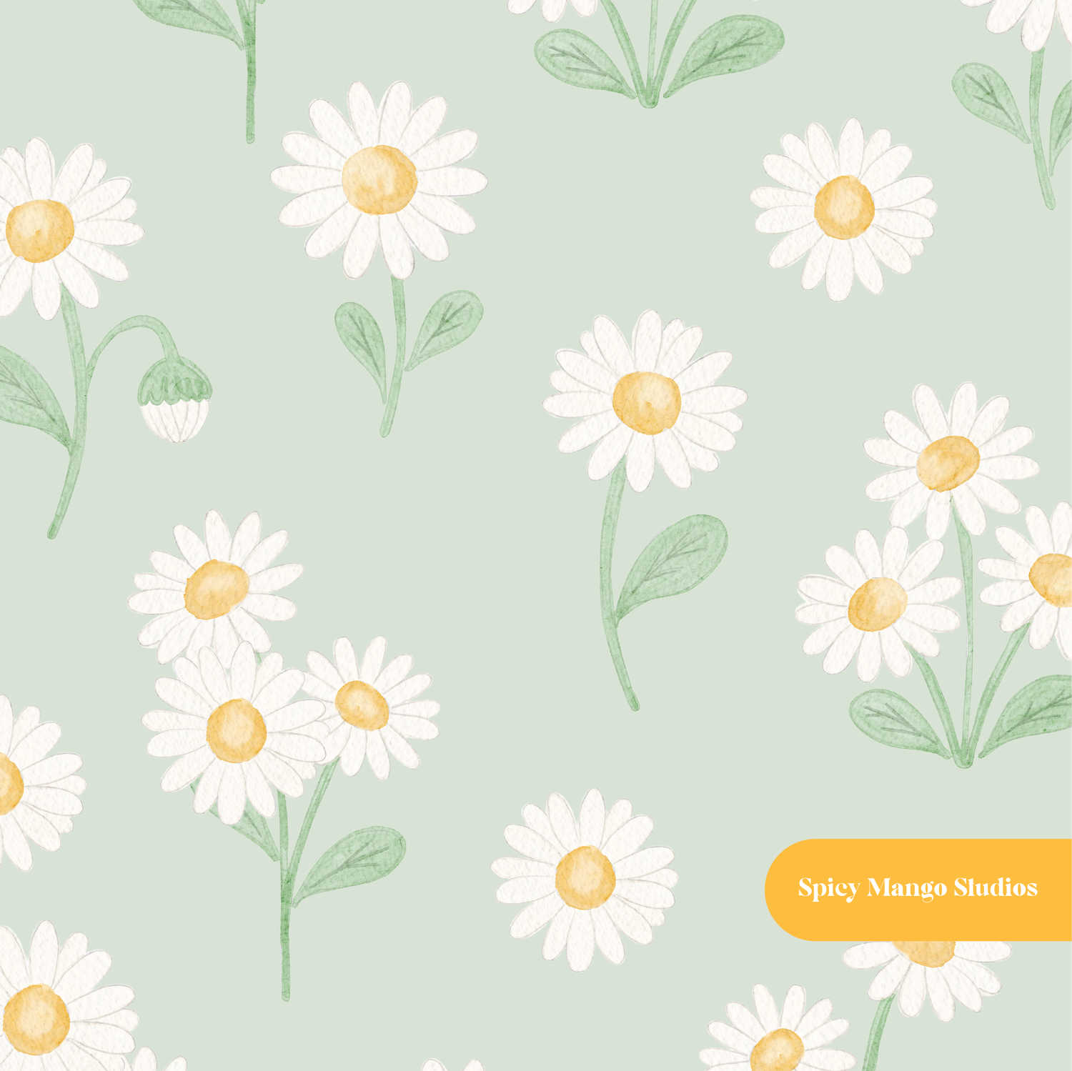 Sage Whimsical Watercolor Daisy Floral Seamless Pattern