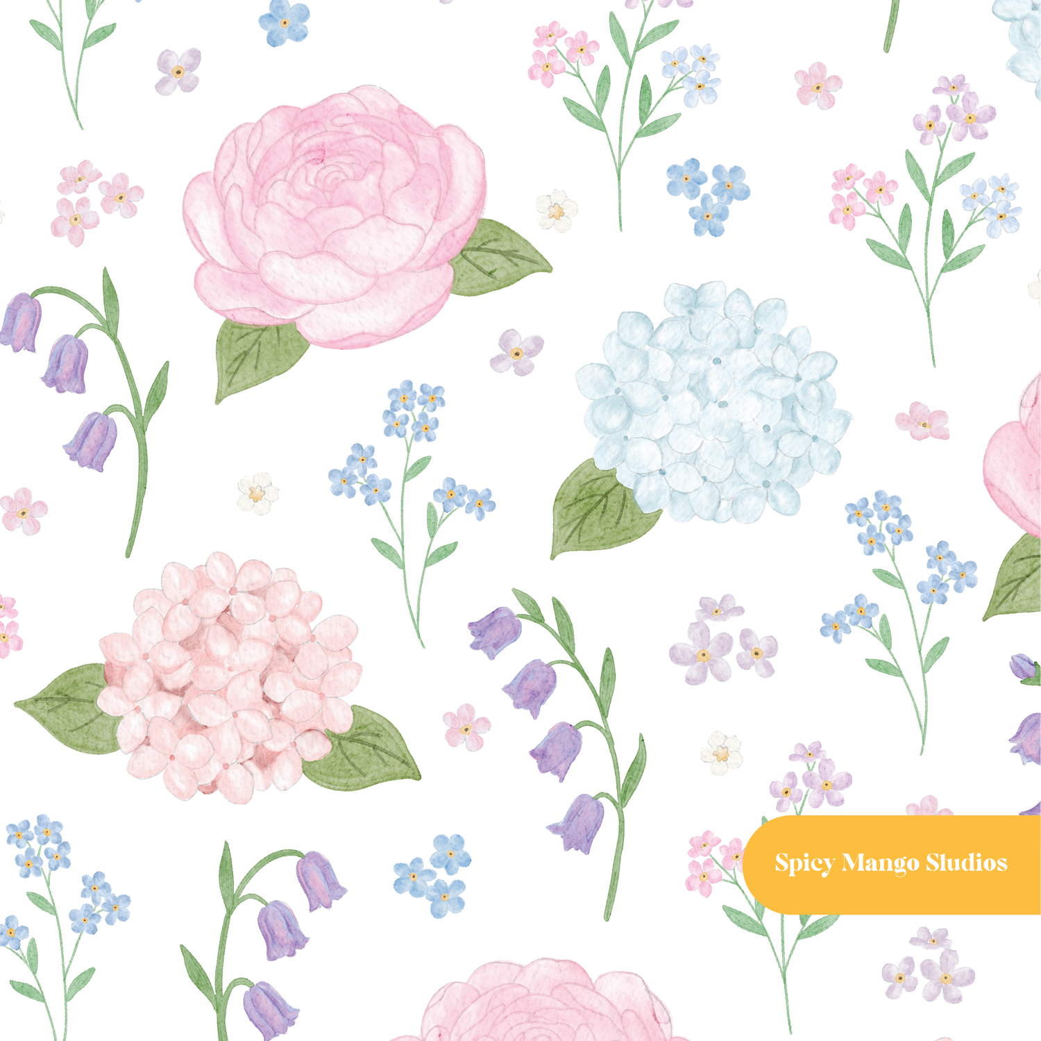 White Whimsical Watercolor Floral Seamless Pattern