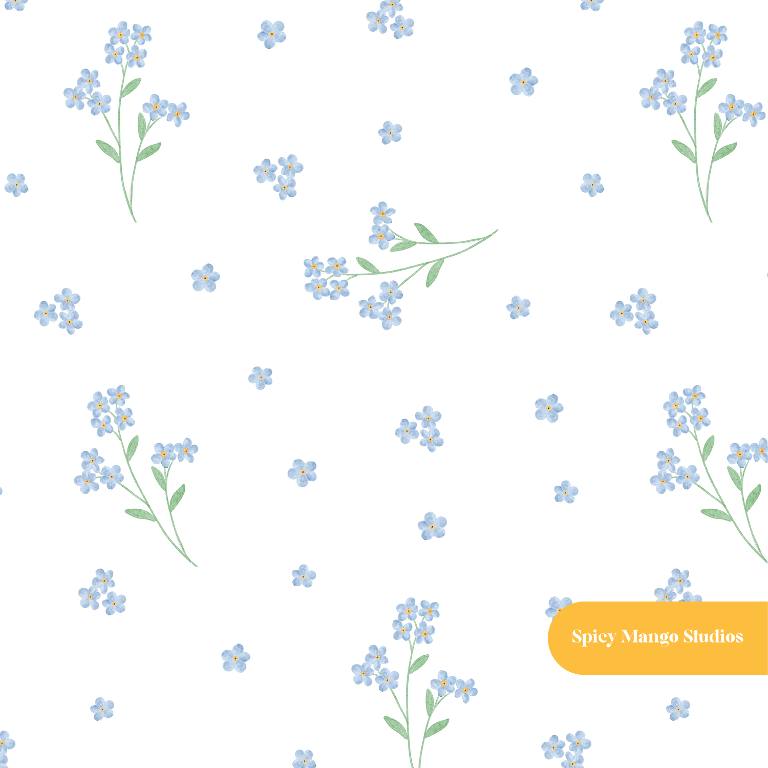 White and Blue Whimsical Watercolor Forget Me Not Floral Seamless Pattern