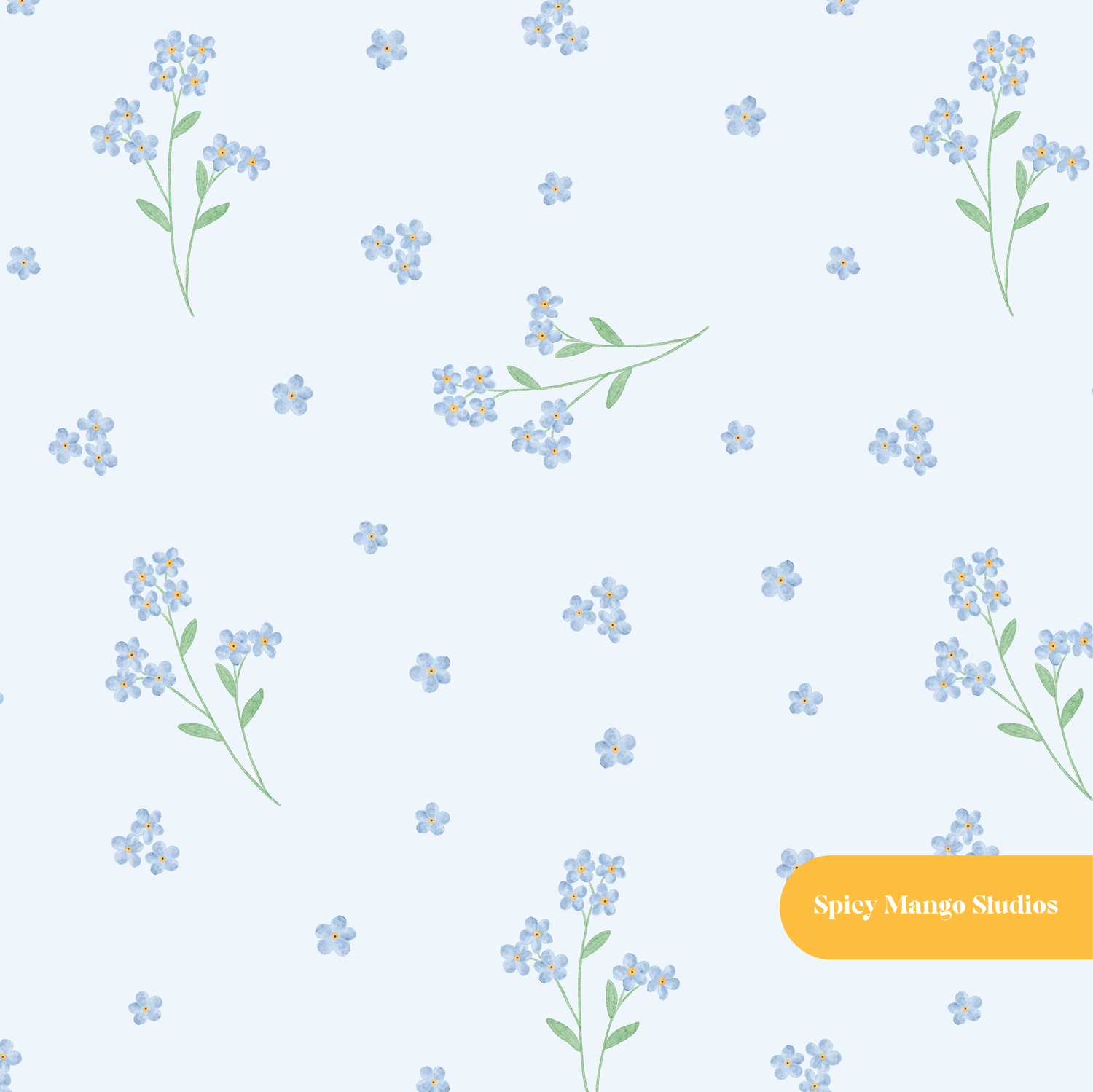 Light Blue Whimsical Watercolor Forget Me Not Floral Seamless Pattern
