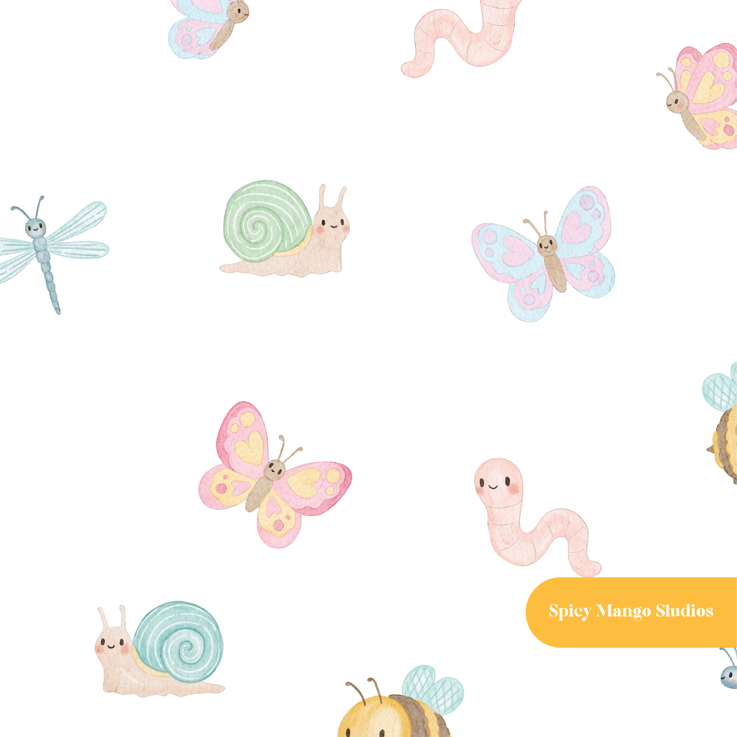 White Whimsical Water Color Critters Seamless Pattern