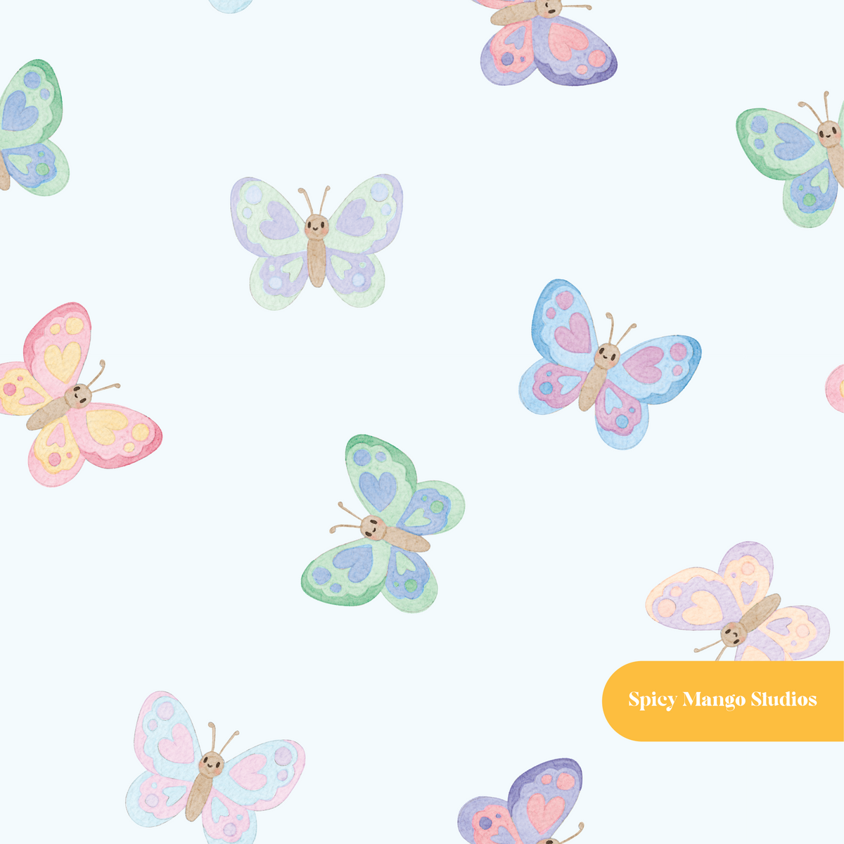 Pastel Blue Whimsical Watercolor Butterfly Seamless Pattern