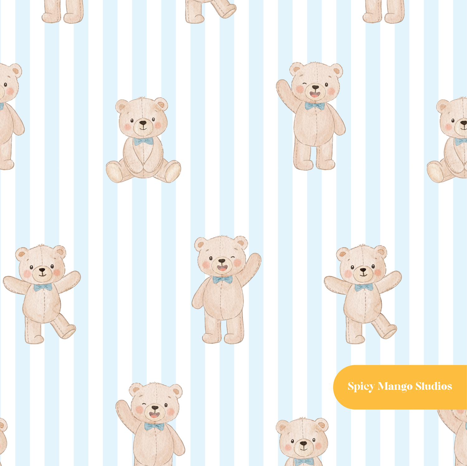 Light Blue Pinstripe Whimsical Watercolor Teddy Bear Seamless Pattern