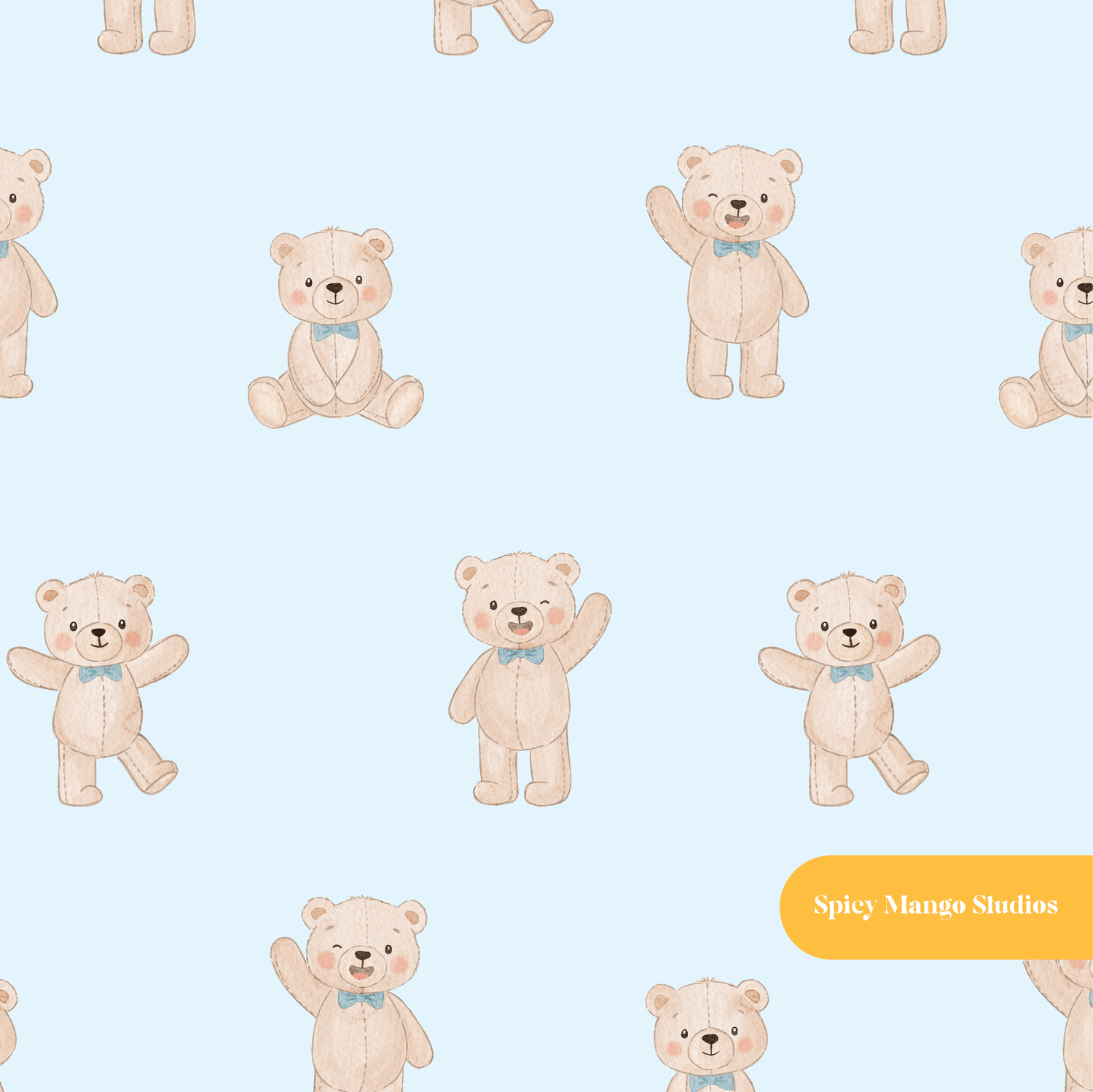 Light Blue Whimsical Watercolor Teddy Bear Seamless Pattern
