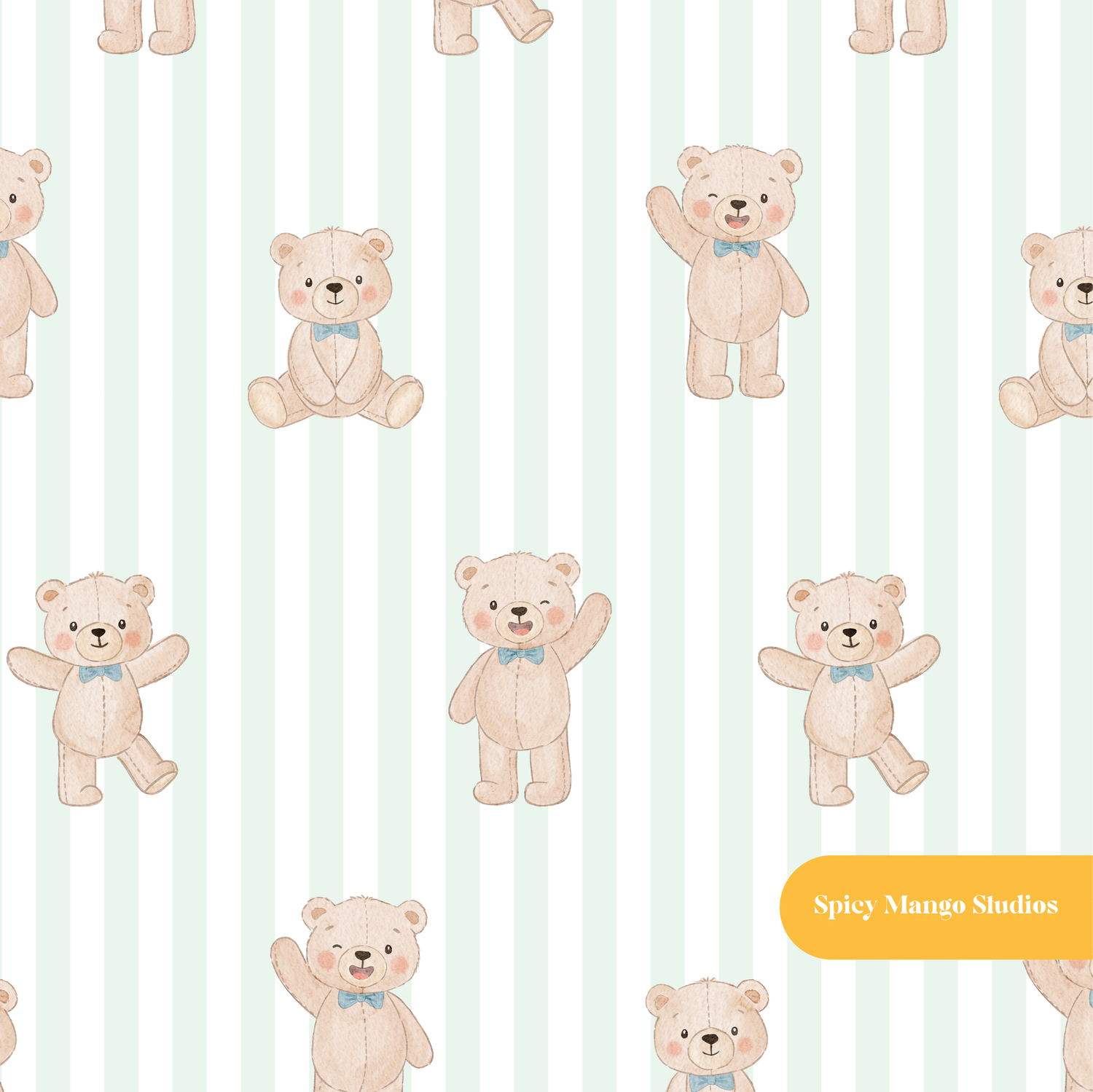 Mint Pinstripe Whimsical Watercolor Teddy Bear Seamless Pattern