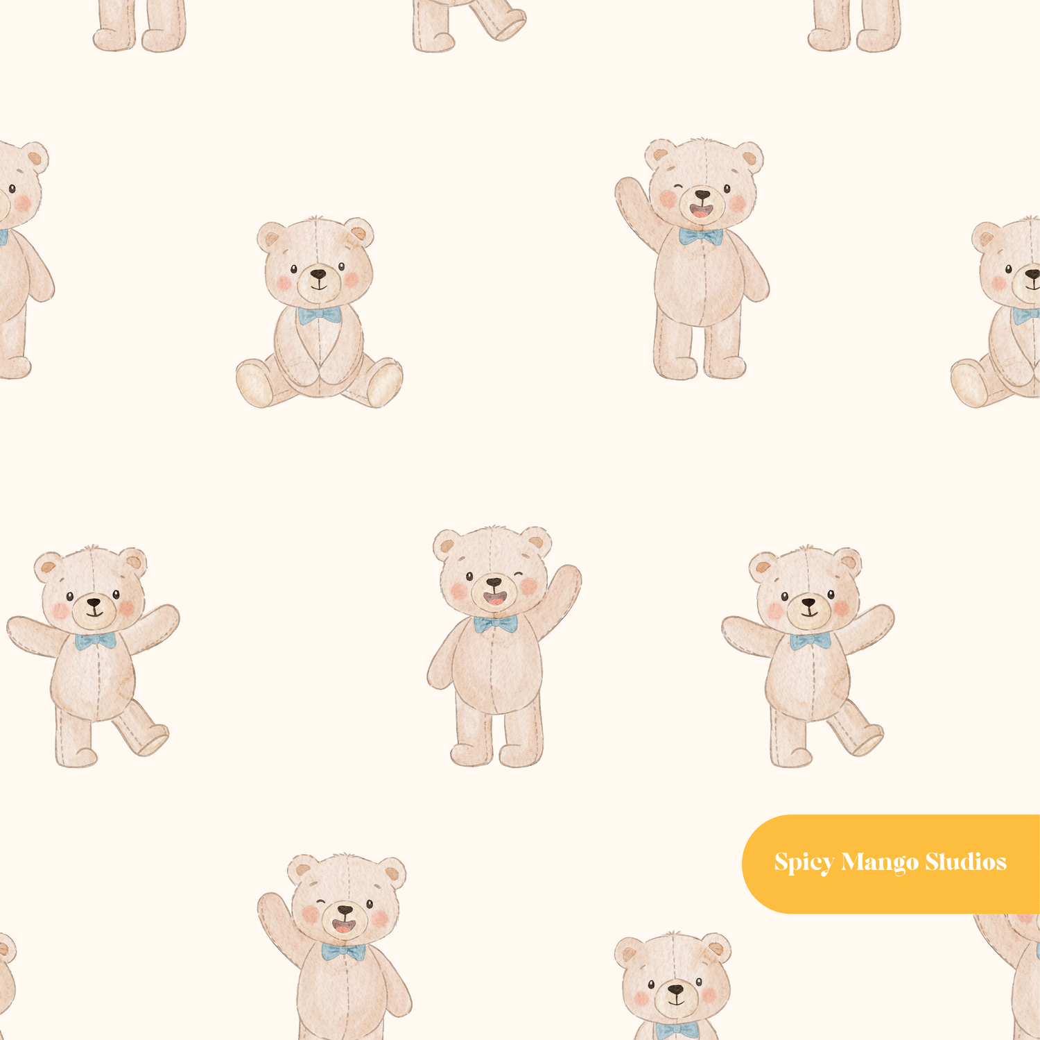 Neutral Whimsical Watercolor Teddy Bear Seamless Pattern