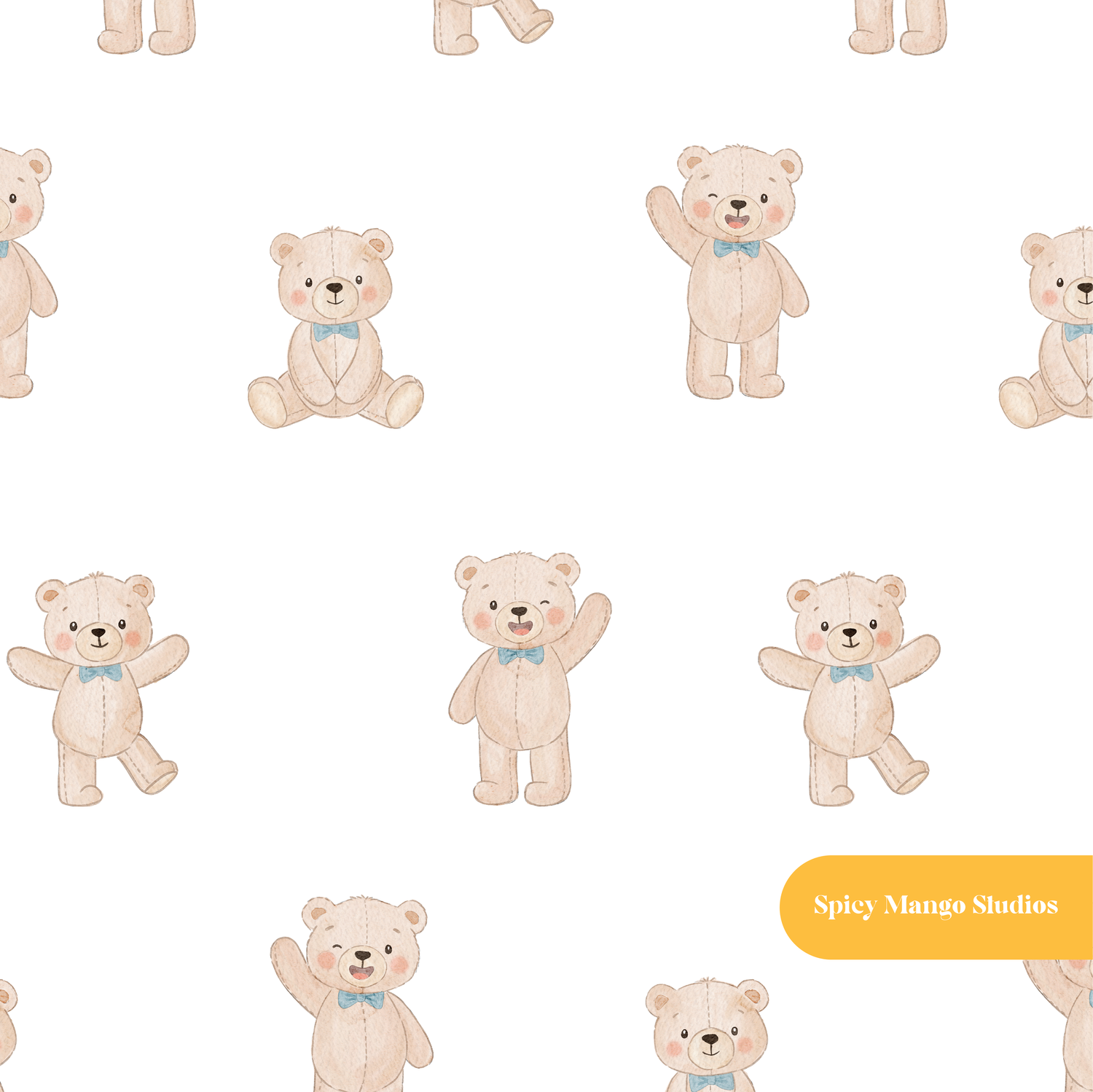 White Whimsical Watercolor Teddy Bear Seamless Pattern