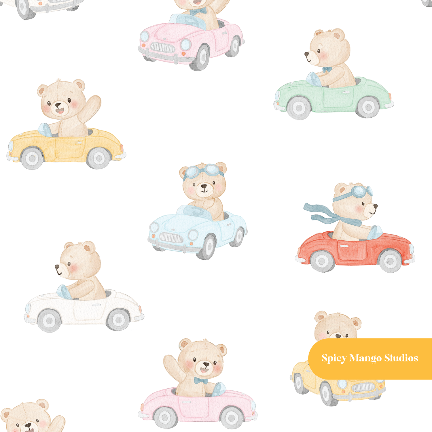 Watercolor Teddy Bear Racer Seamless Pattern – Digital Download