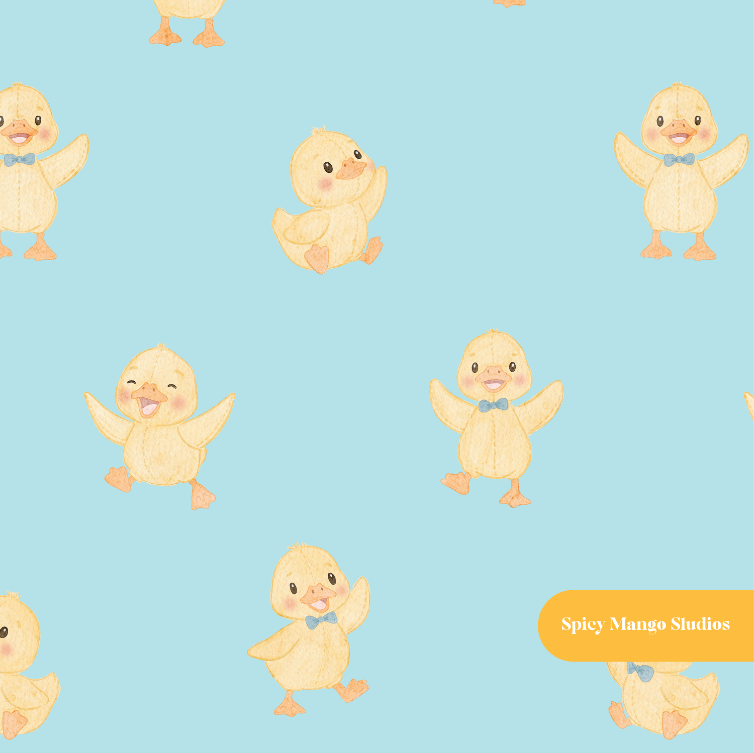 Light Teal Watercolor Ducks Seamless Pattern
