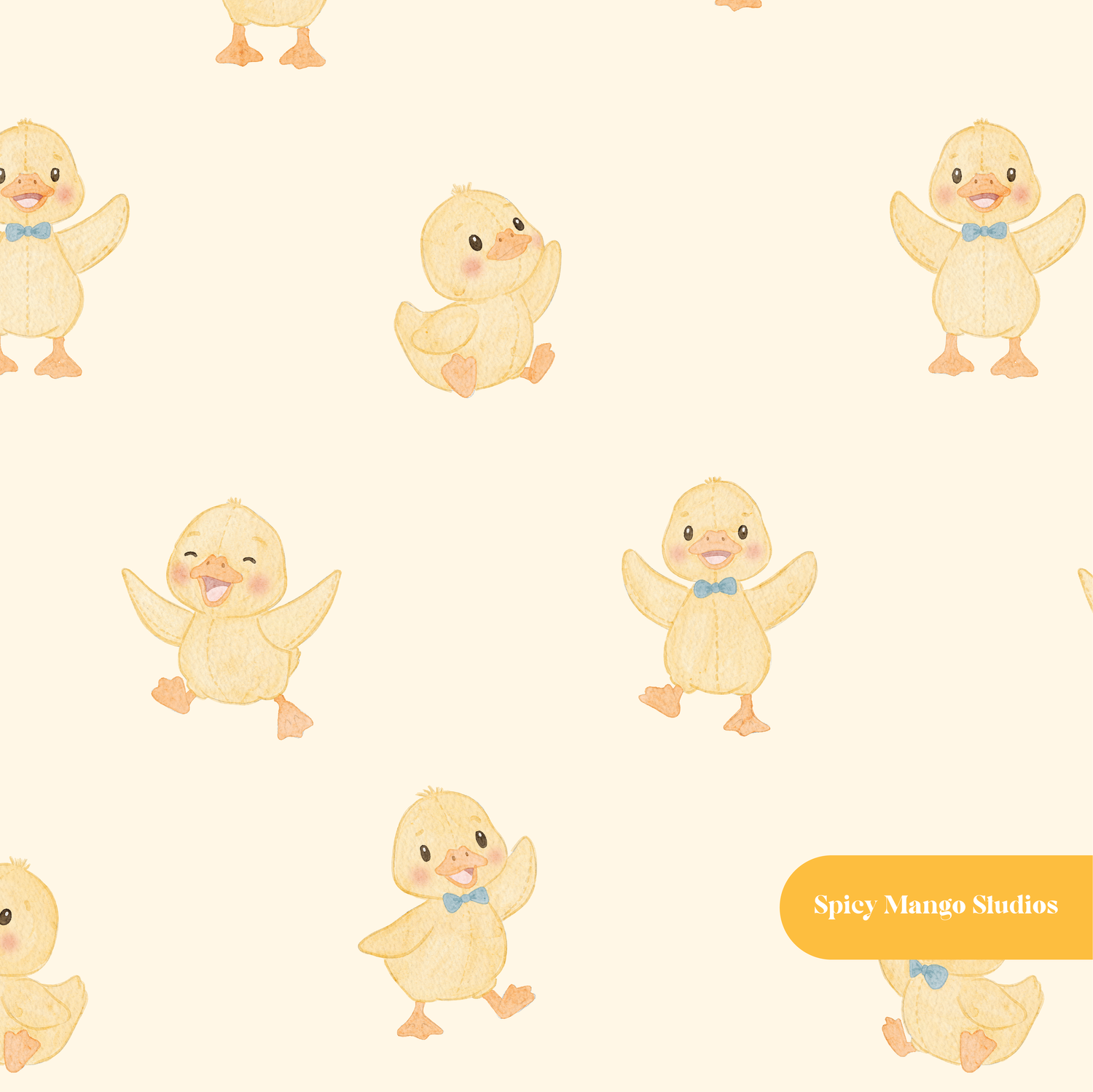 Yellow Watercolor Ducks Seamless Pattern