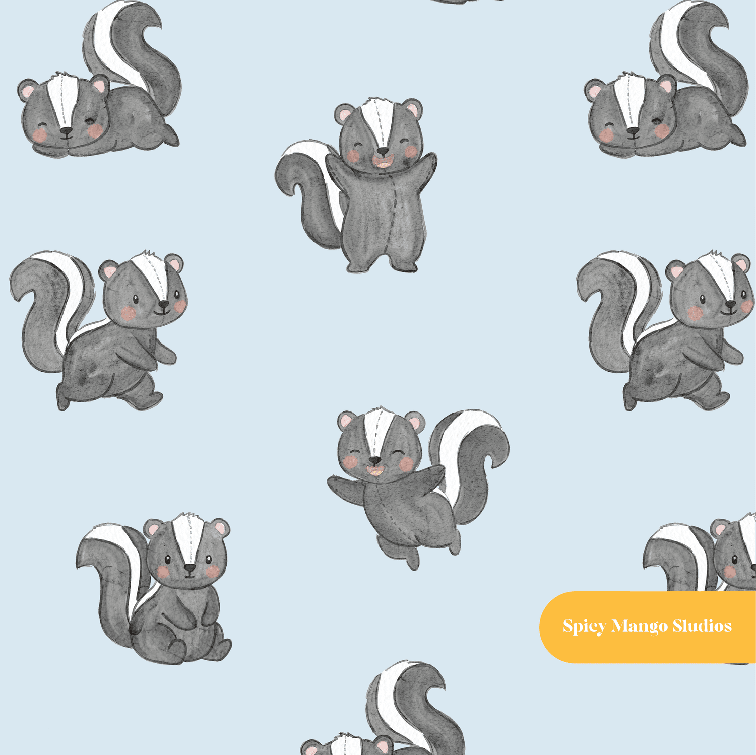 Light Blue Watercolor Woodland Skunk Seamless Pattern