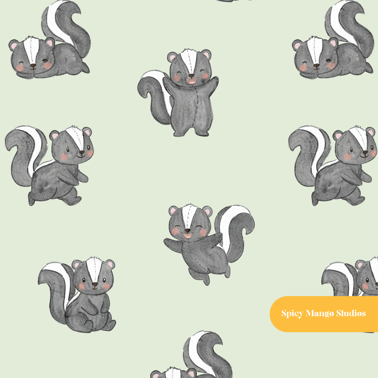 Sage Watercolor Woodland Skunk Seamless Pattern