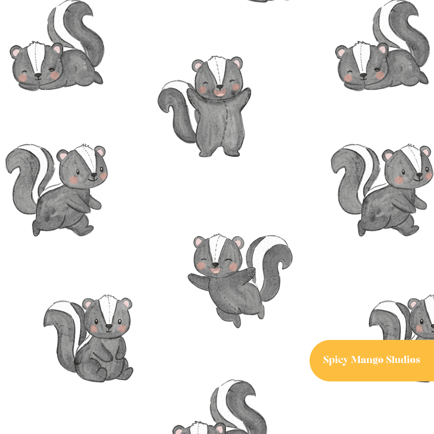 White Watercolor Woodland Skunk Seamless Pattern