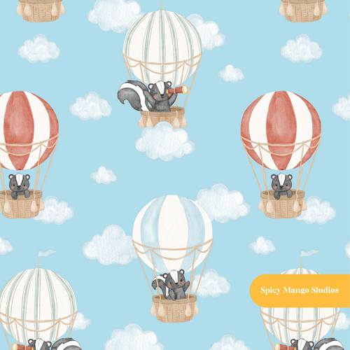 Blue Watercolor Woodland Hot Air Balloon Seamless Pattern