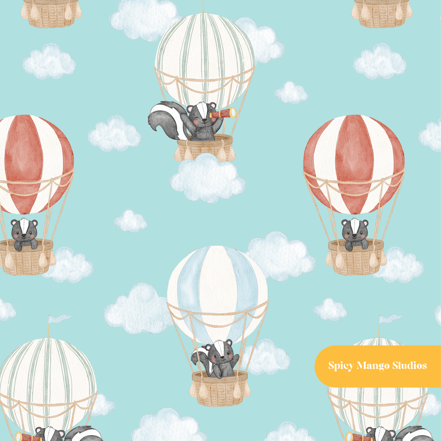 Light Teal Watercolor Woodland Hot Air Balloon Seamless Pattern