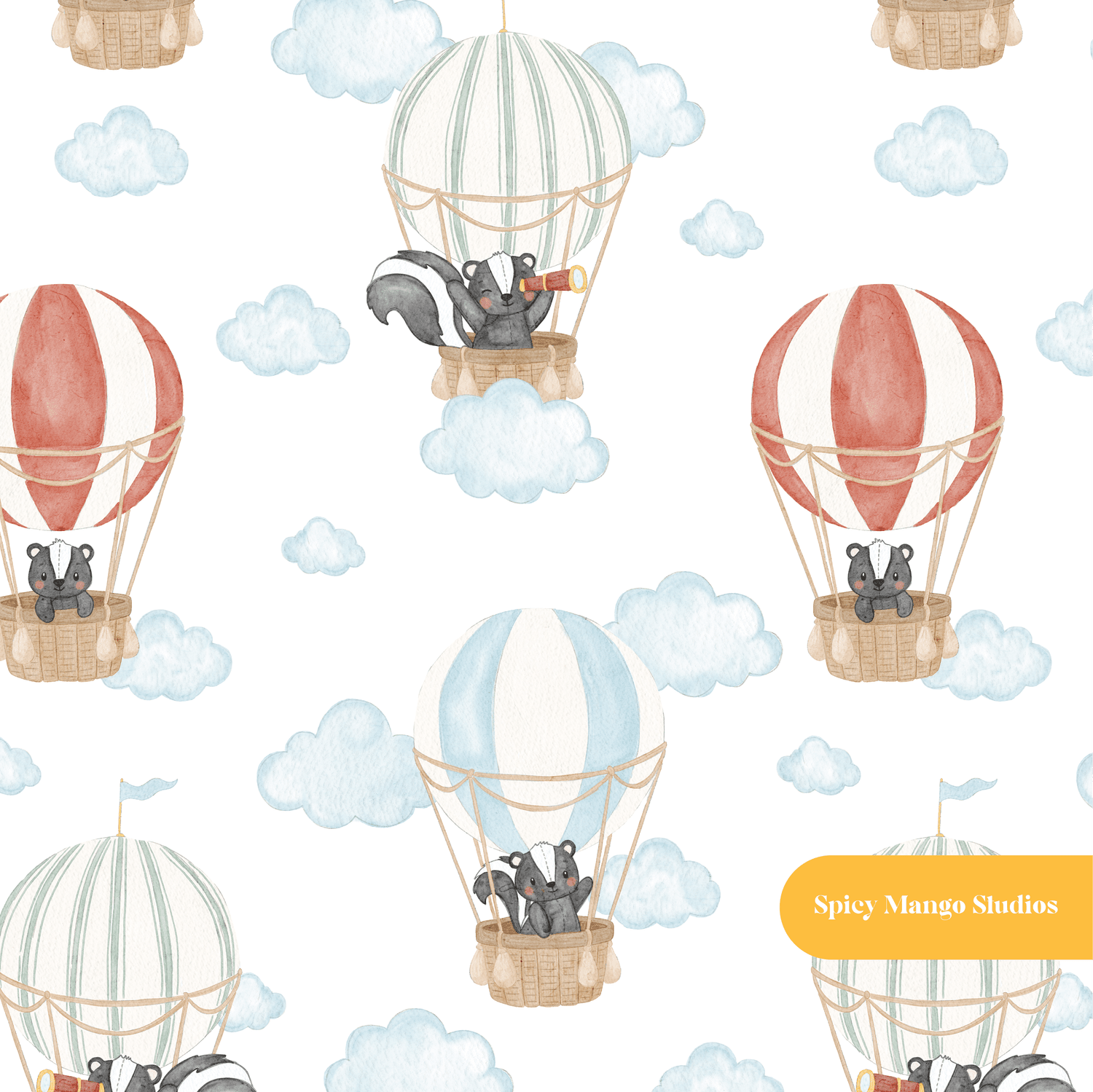 White Watercolor Woodland Hot Air Balloon Seamless Pattern