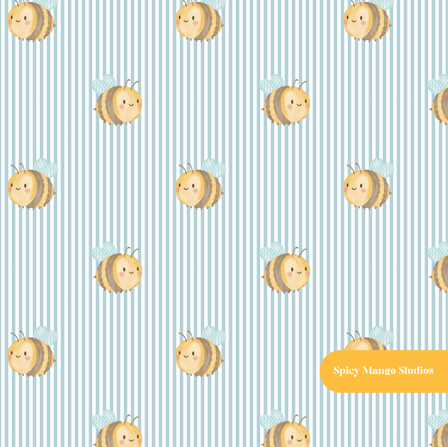 Dusty Blue Stripe Whimsical Watercolor Bee Seamless Pattern