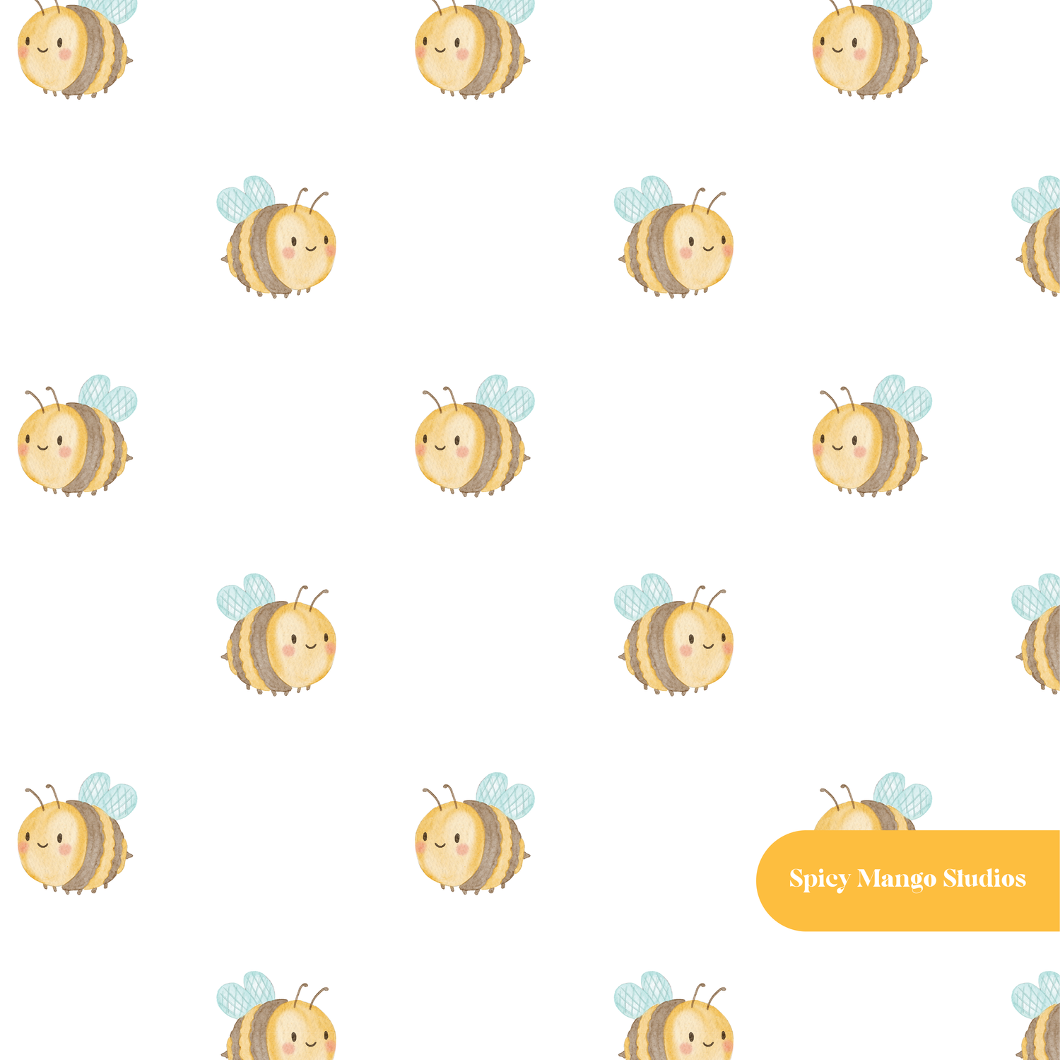 White Whimsical Watercolor Bee Seamless Pattern