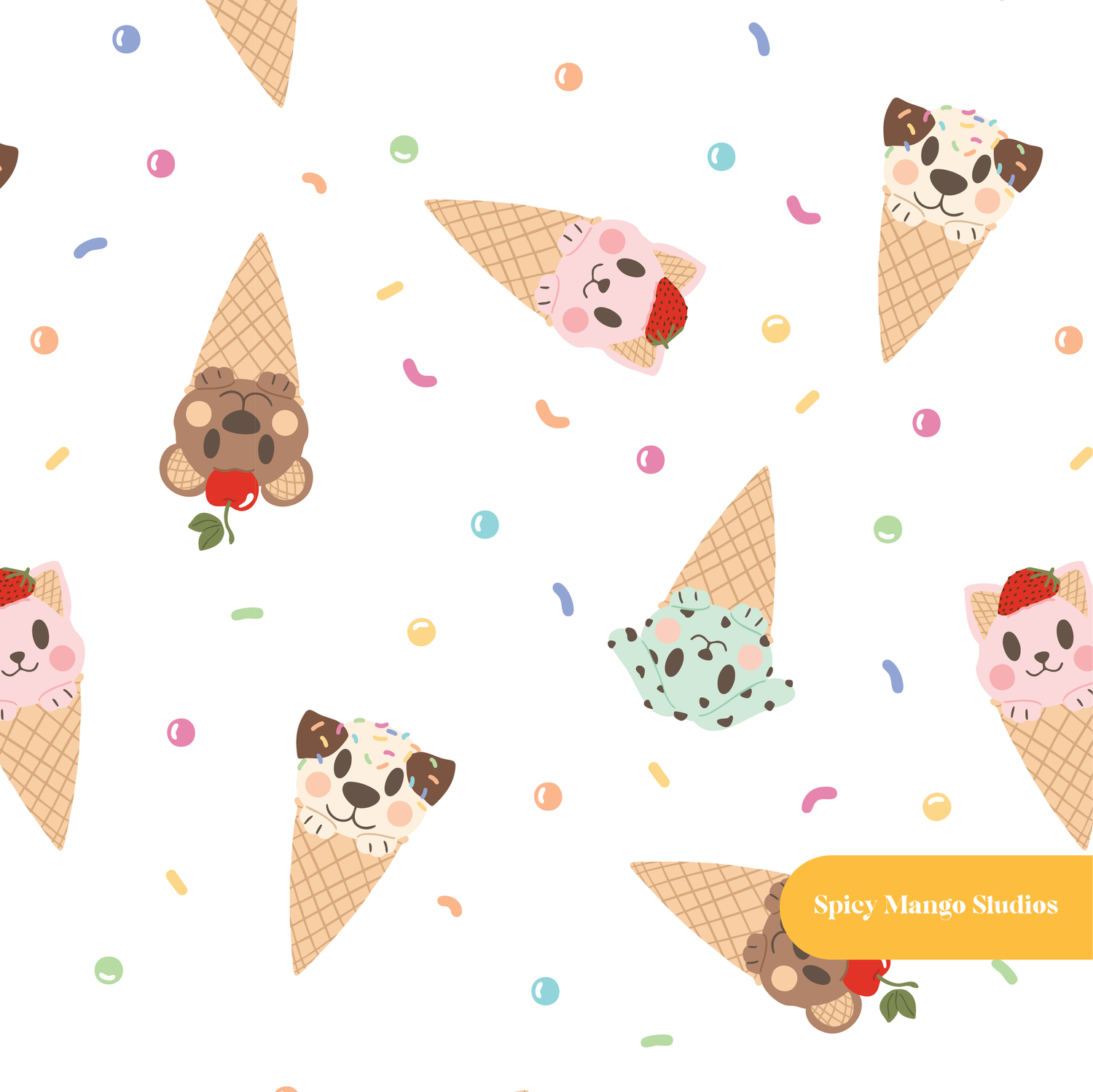 White Animal Ice Cream Cone Seamless Pattern