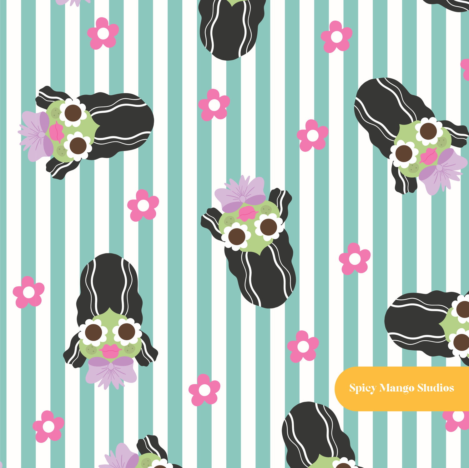 Teal Stripe Francine Halloween Seamless Pattern