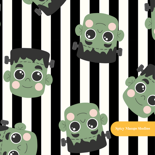Black Stripe Halloween Monsters Seamless Pattern