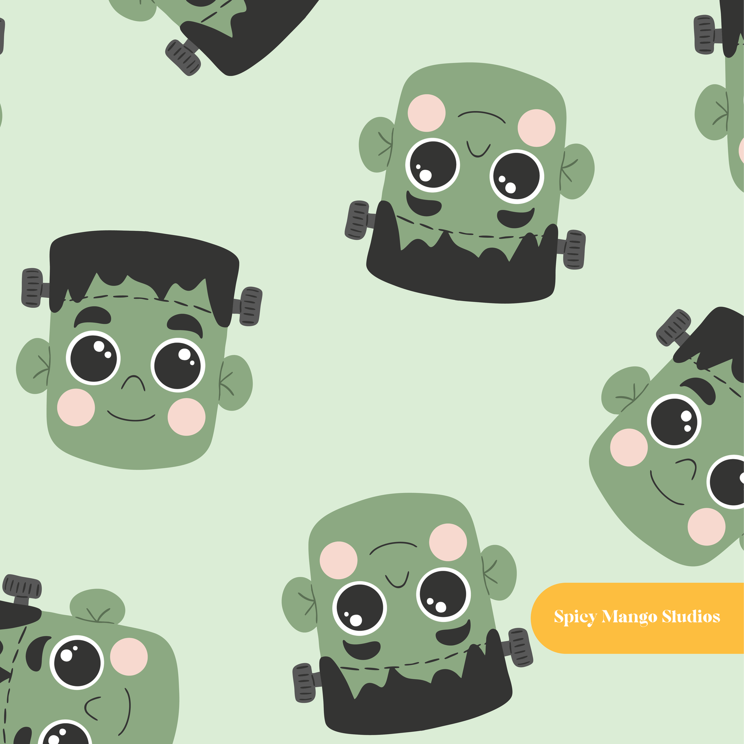 Green Halloween Monsters Seamless Pattern