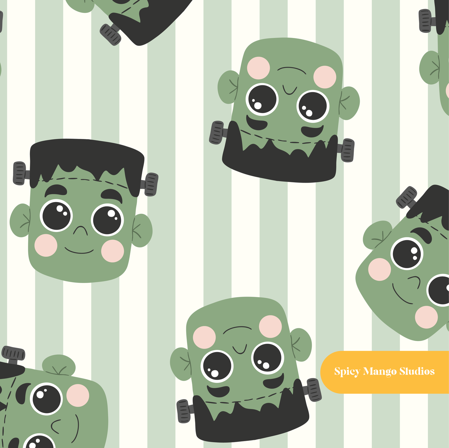 Green Stripe Halloween Monsters Seamless Pattern