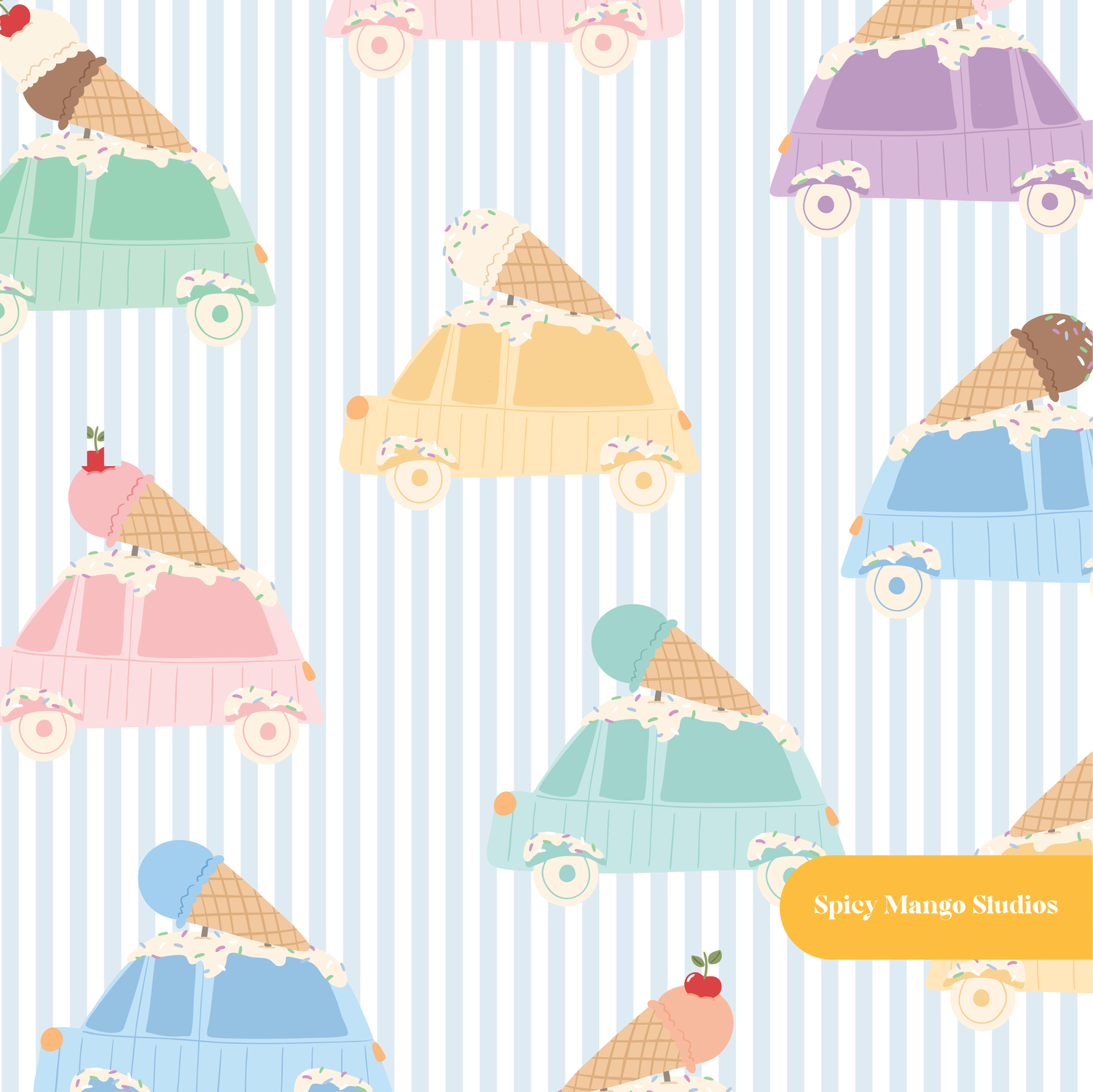 Light Blue Stripe Ice Cream Trucks Seamless Pattern