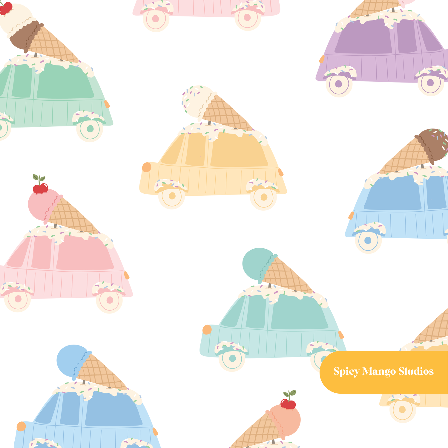 White Ice Cream Trucks Seamless Pattern