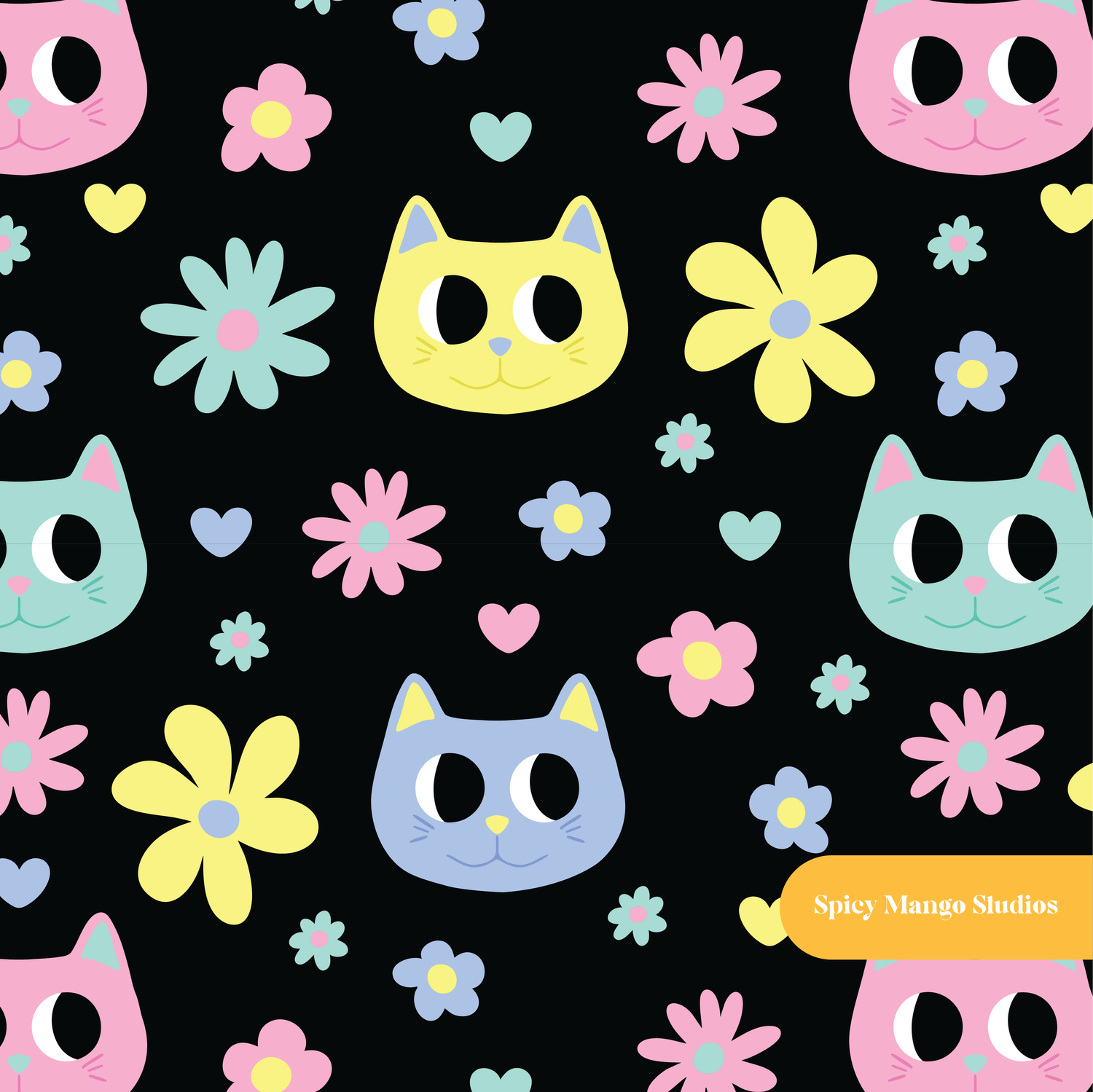 Black Neon Kitties Seamless Pattern
