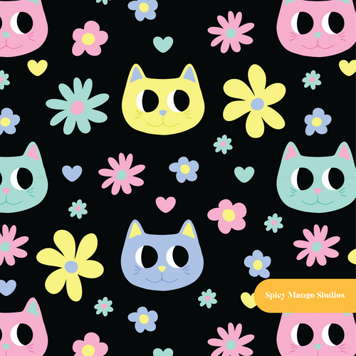 Black Neon Kitties Seamless Pattern