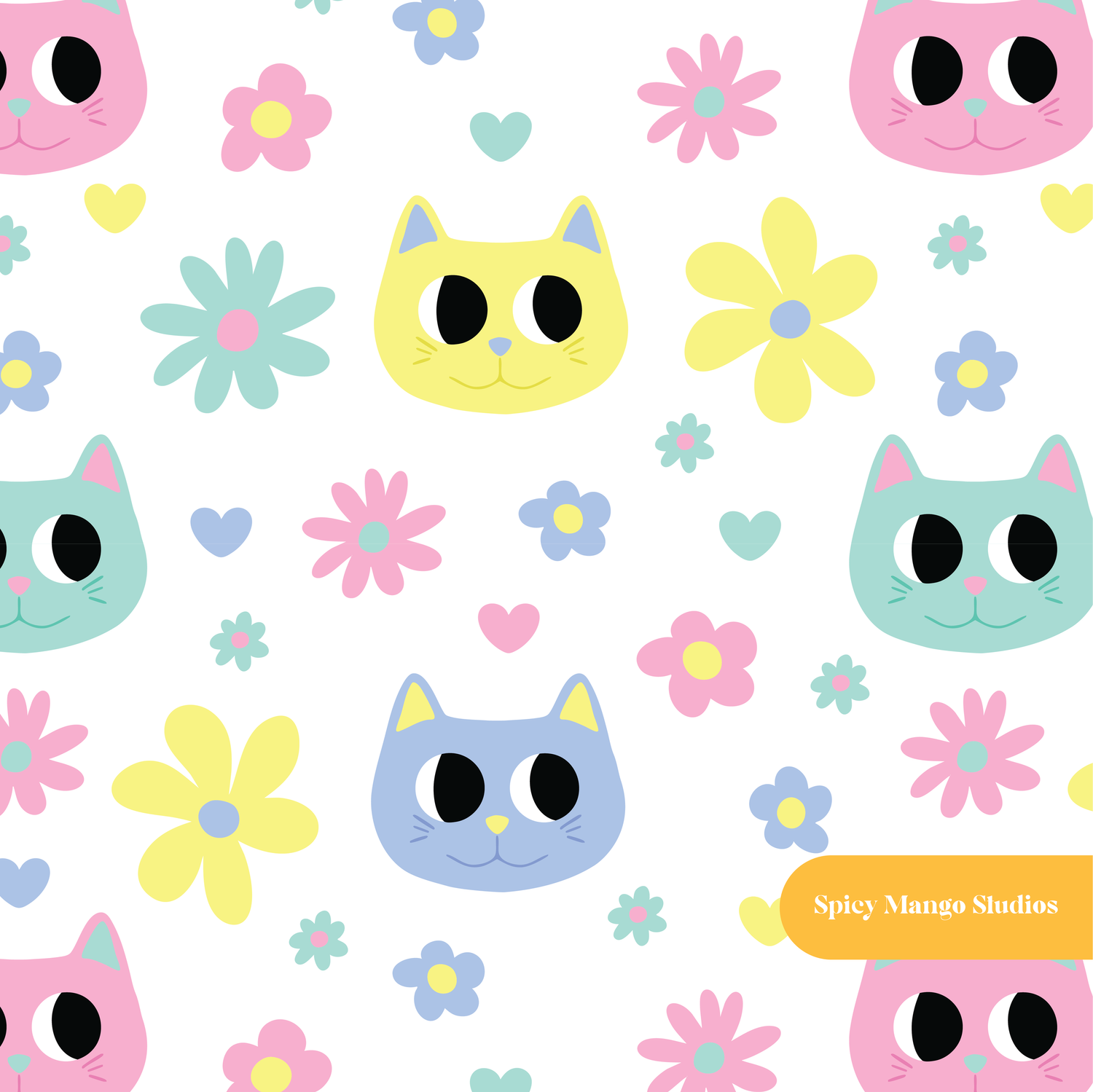 White Neon Kitties Seamless Pattern