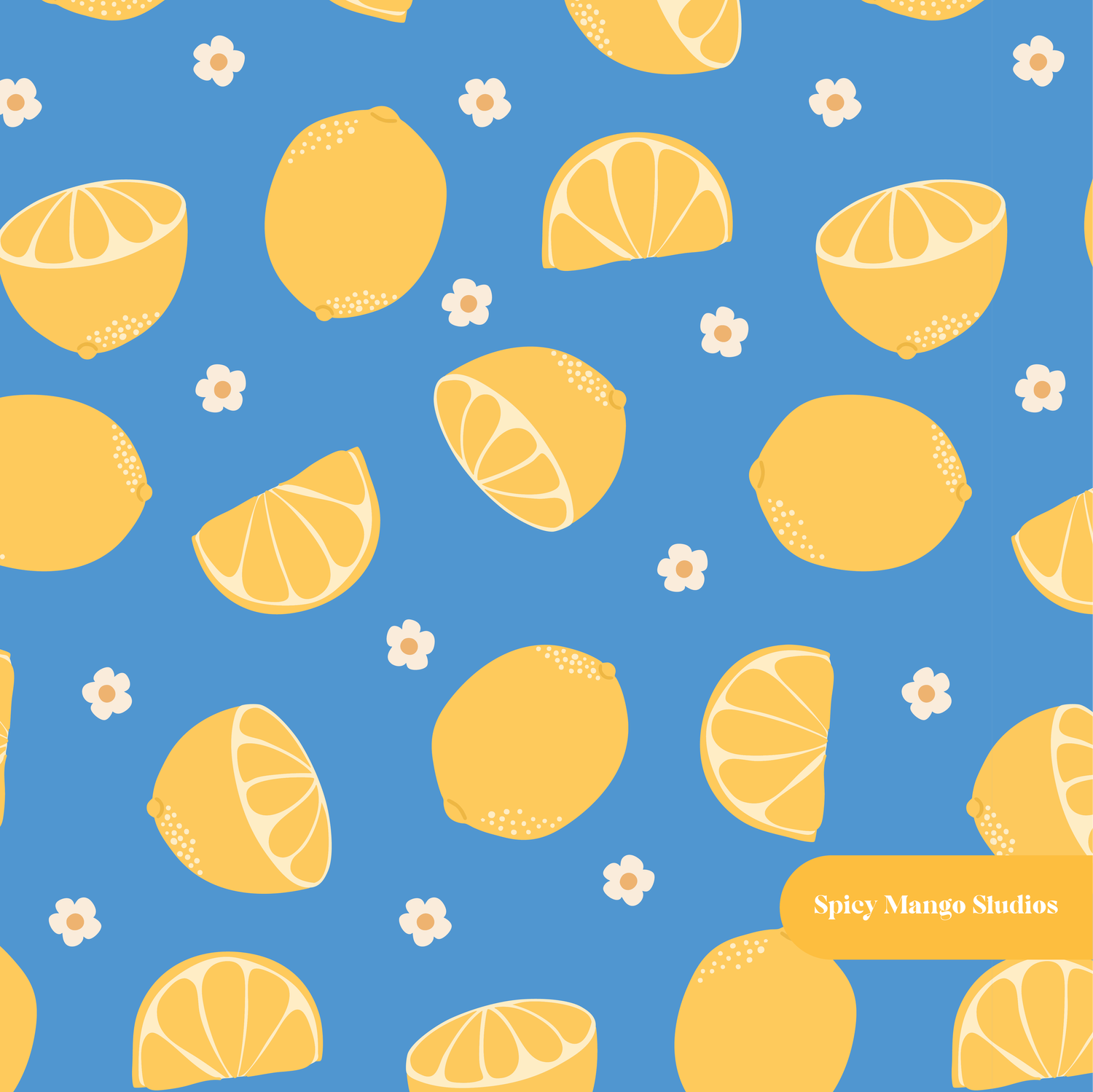 Blue Lemon Citrus Floral Seamless Pattern