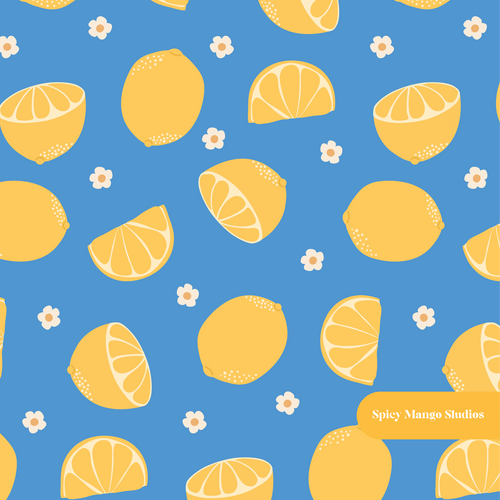 Blue Lemon Citrus Floral Seamless Pattern