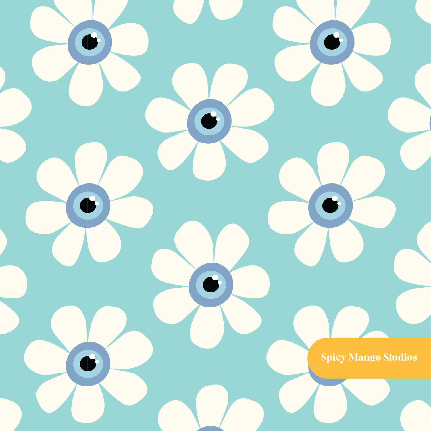 Aqua Evil Eye Daisy Floral Seamless Pattern