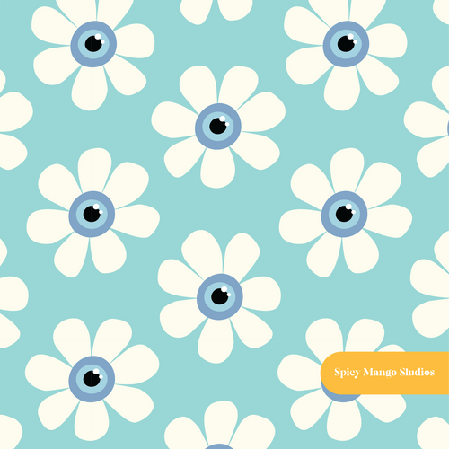 Aqua Evil Eye Daisy Floral Seamless Pattern