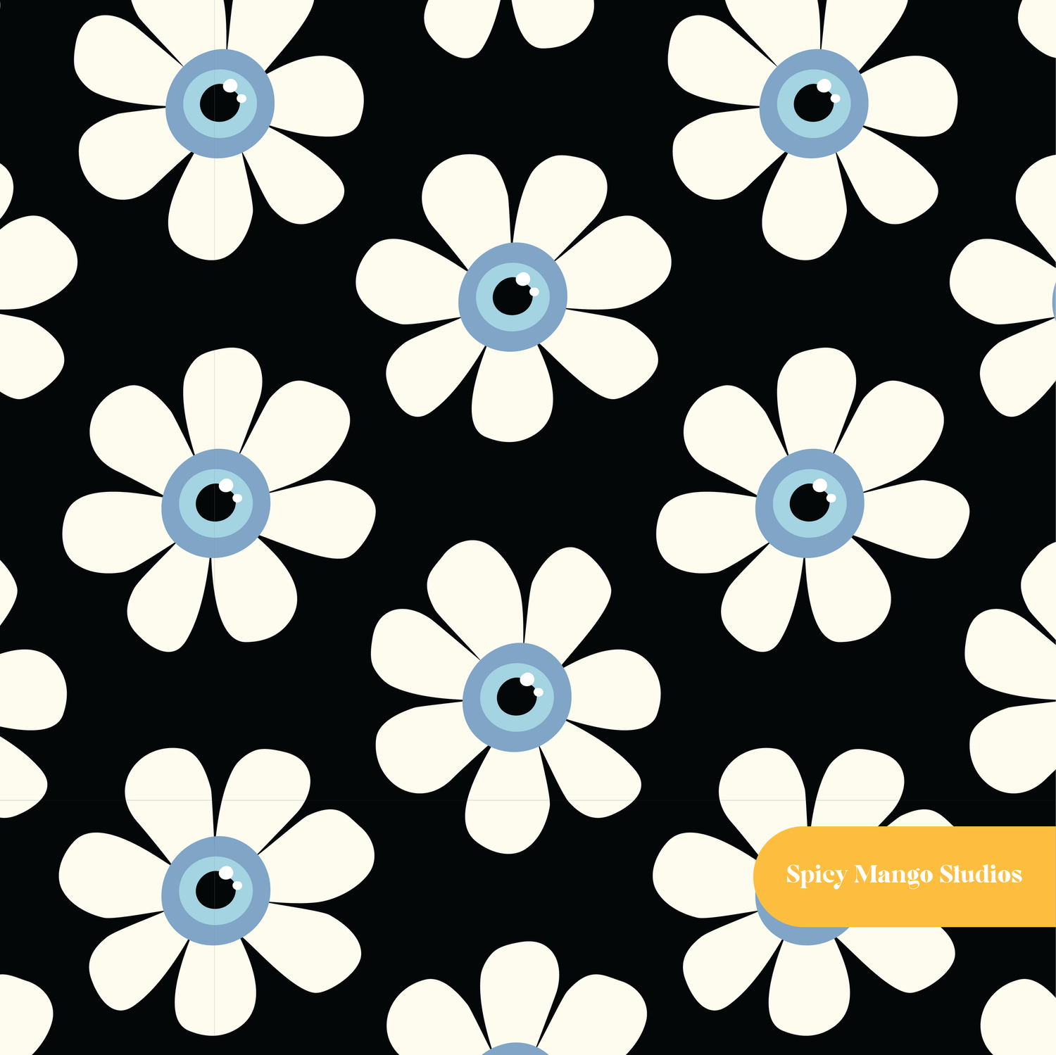 Black Evil Eye Daisy Floral Seamless Pattern
