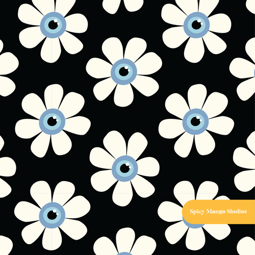 Black Evil Eye Daisy Floral Seamless Pattern
