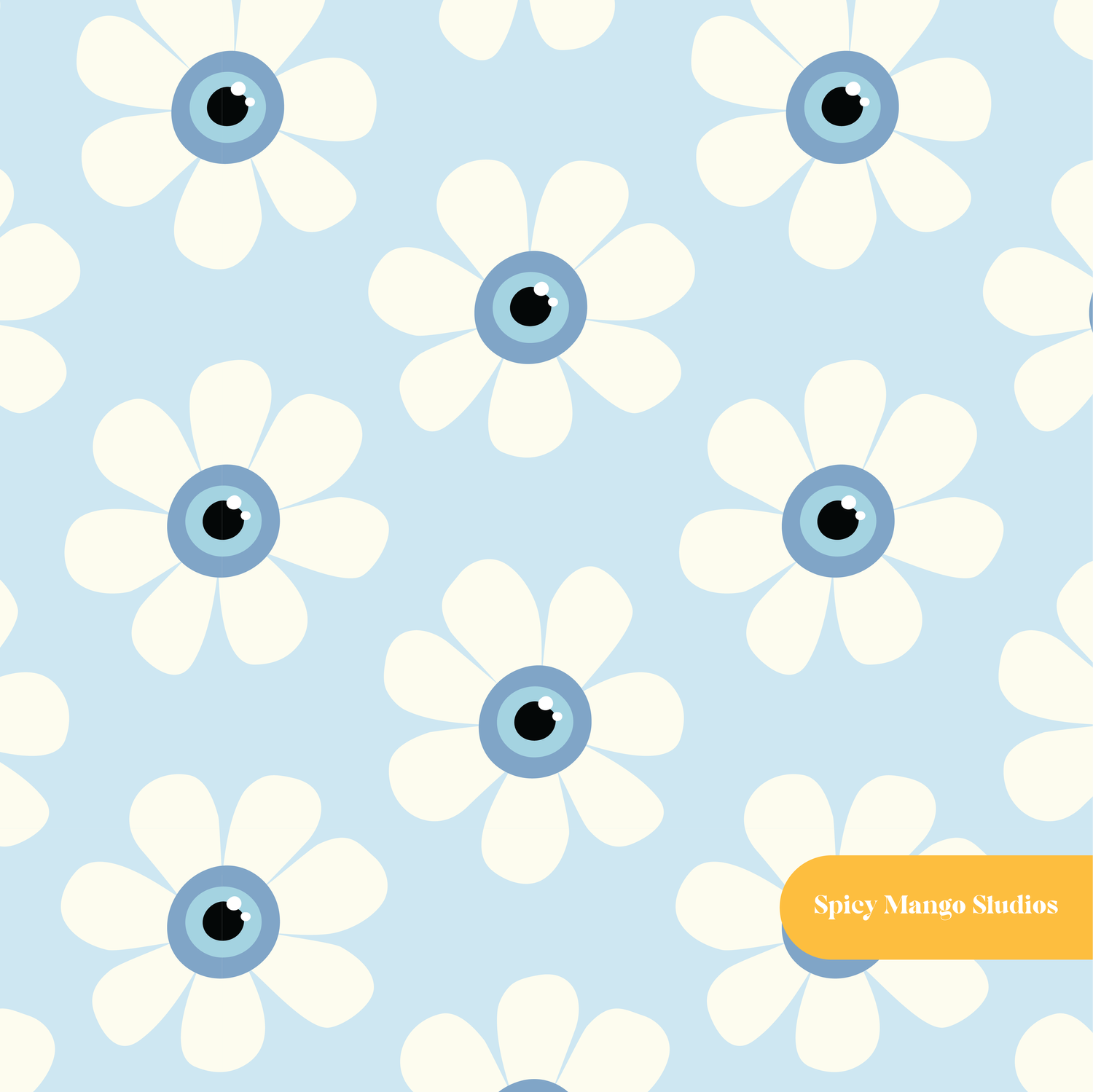 Light Blue Evil Eye Daisy Floral Seamless Pattern