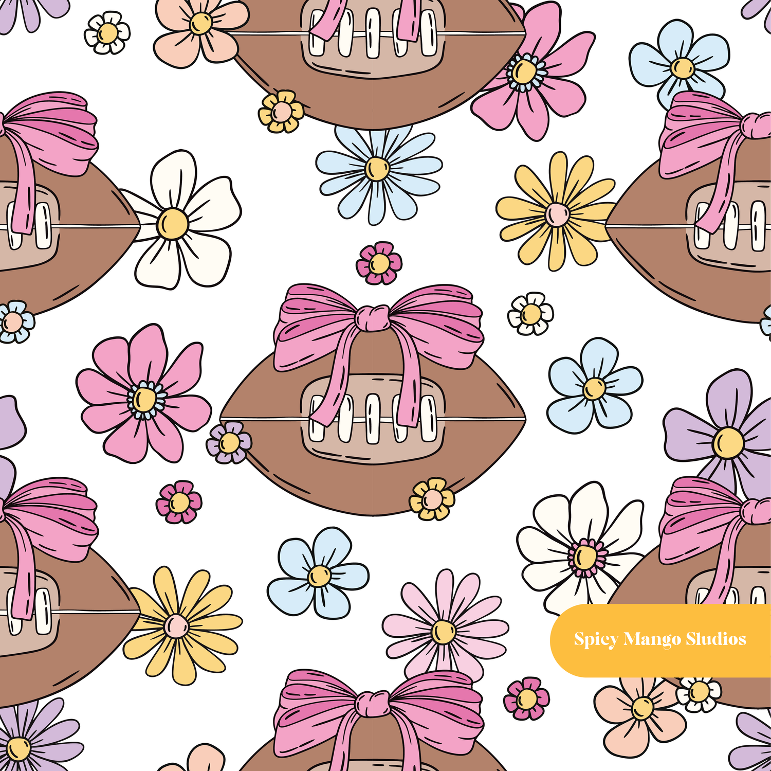 White and Pink Football Floral Seamless Pattern