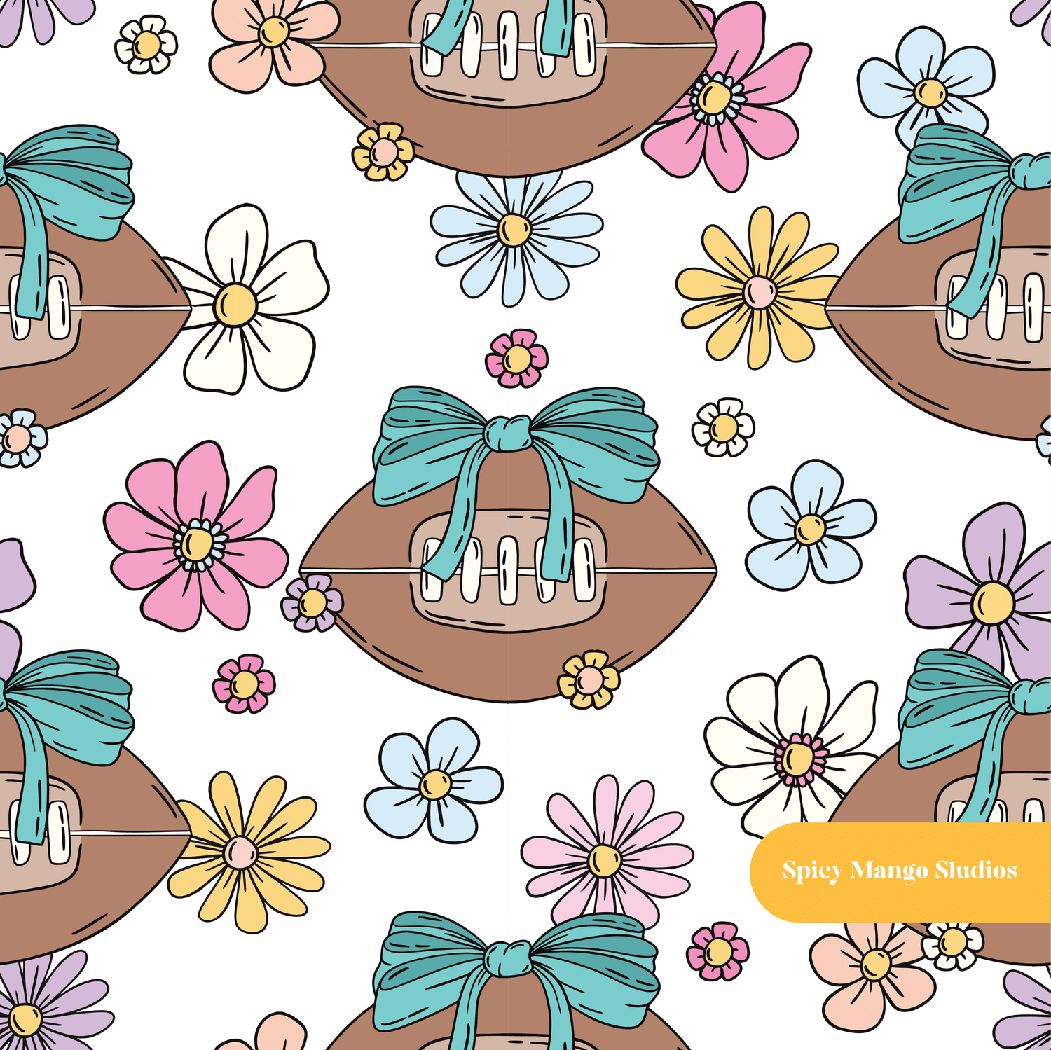White and Teal Football Floral Seamless Pattern