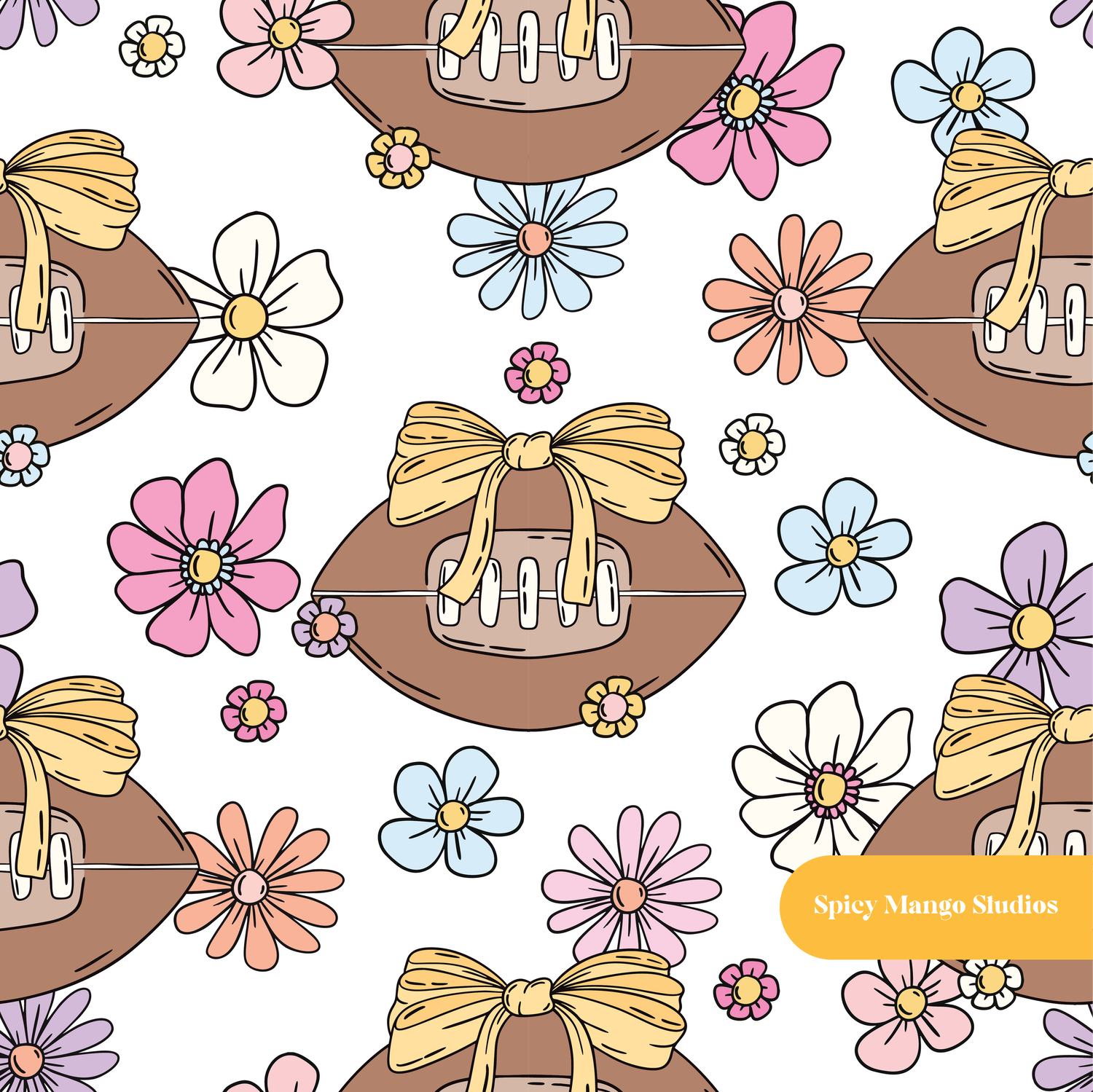 White and Yellow Football Floral Seamless Pattern