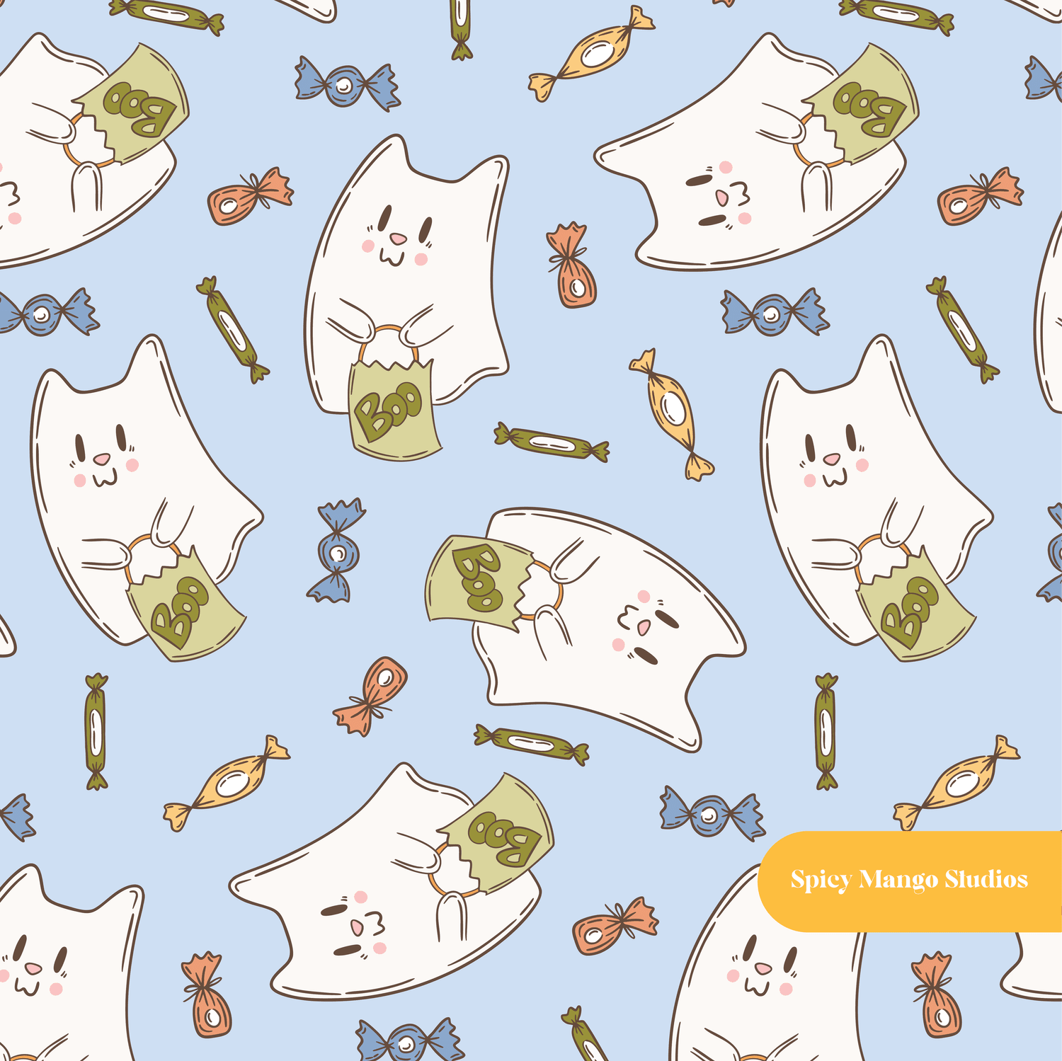 Light Blue Halloween Ghost Kitty Seamless Pattern