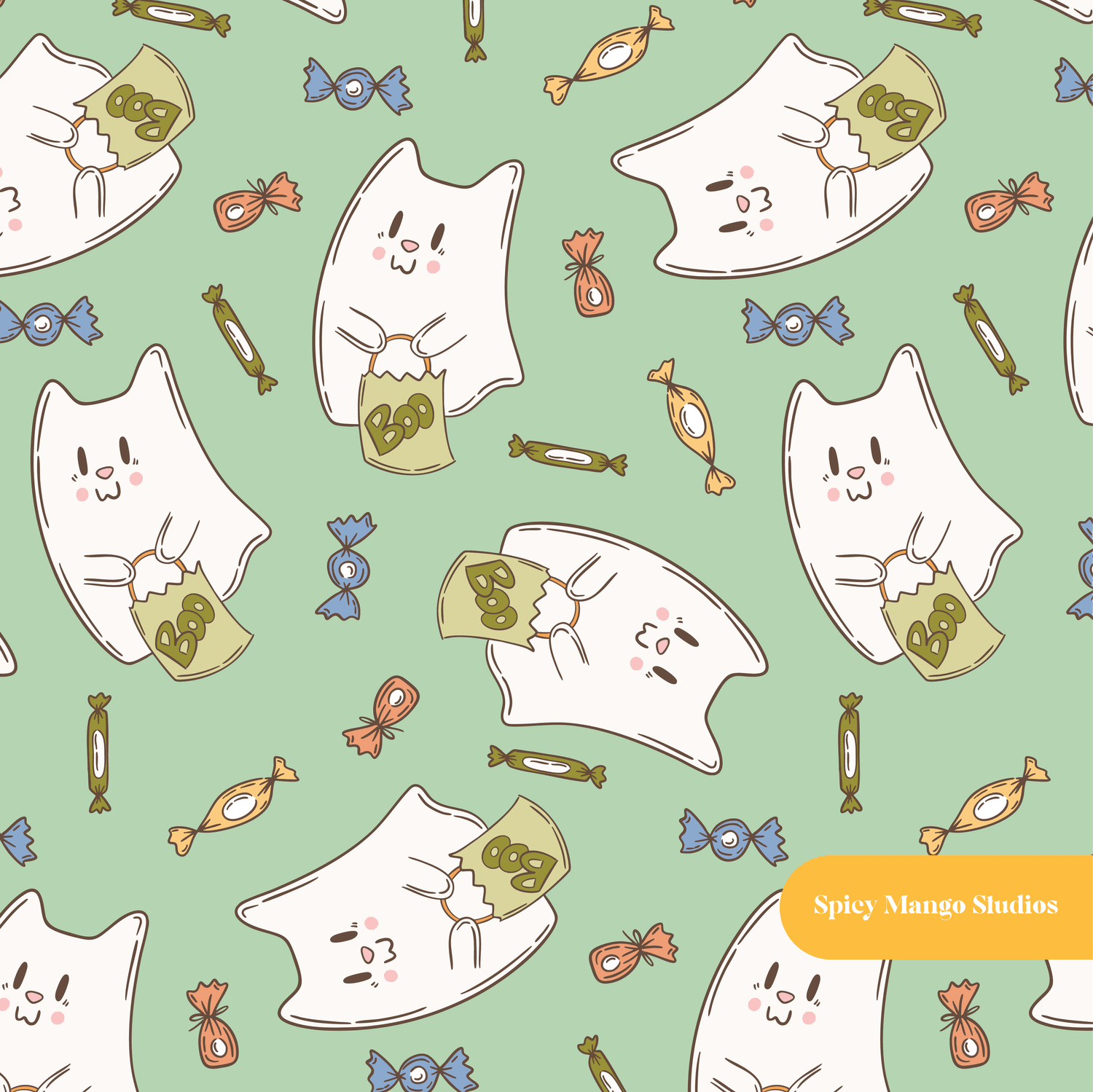 Green Halloween Ghost Kitty Seamless Pattern