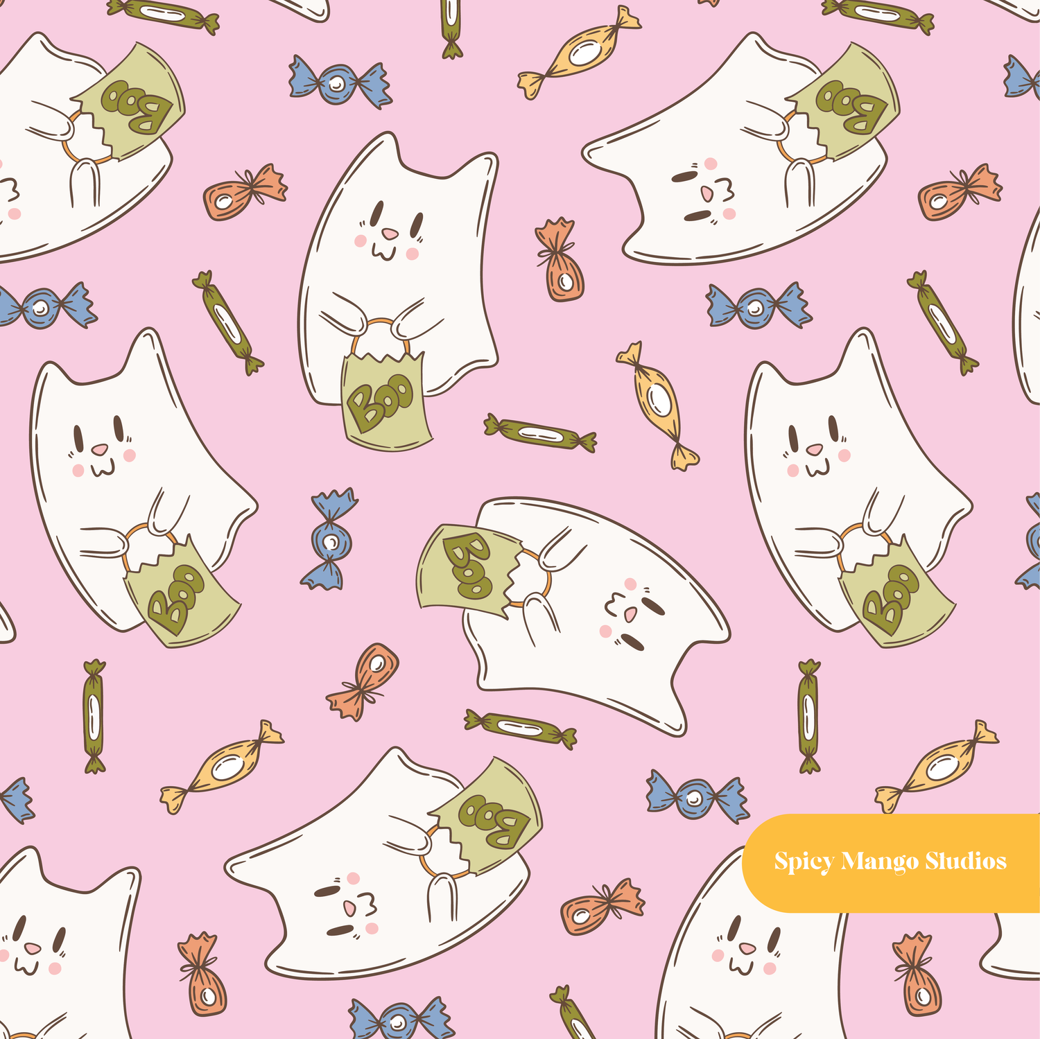 Lilac Halloween Ghost Kitty Seamless Pattern